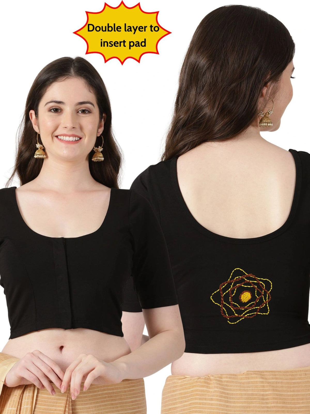 DIY Embroidery Kit with Women Front Open Stretchable Half Sleeve Blouse E02 – Black