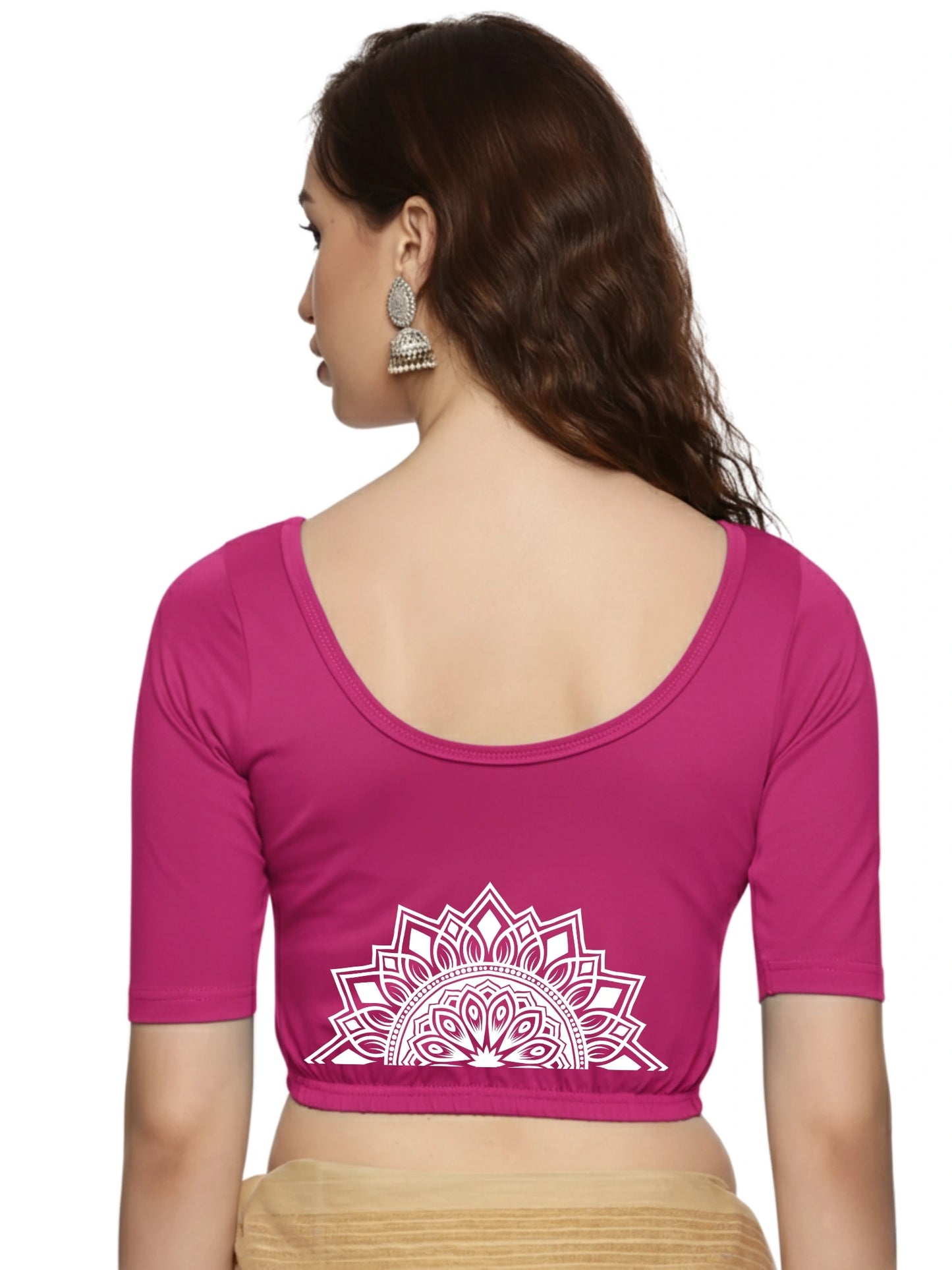 Women Back Printed Stretchable Half Sleeve Blouse U022 Rani Pink