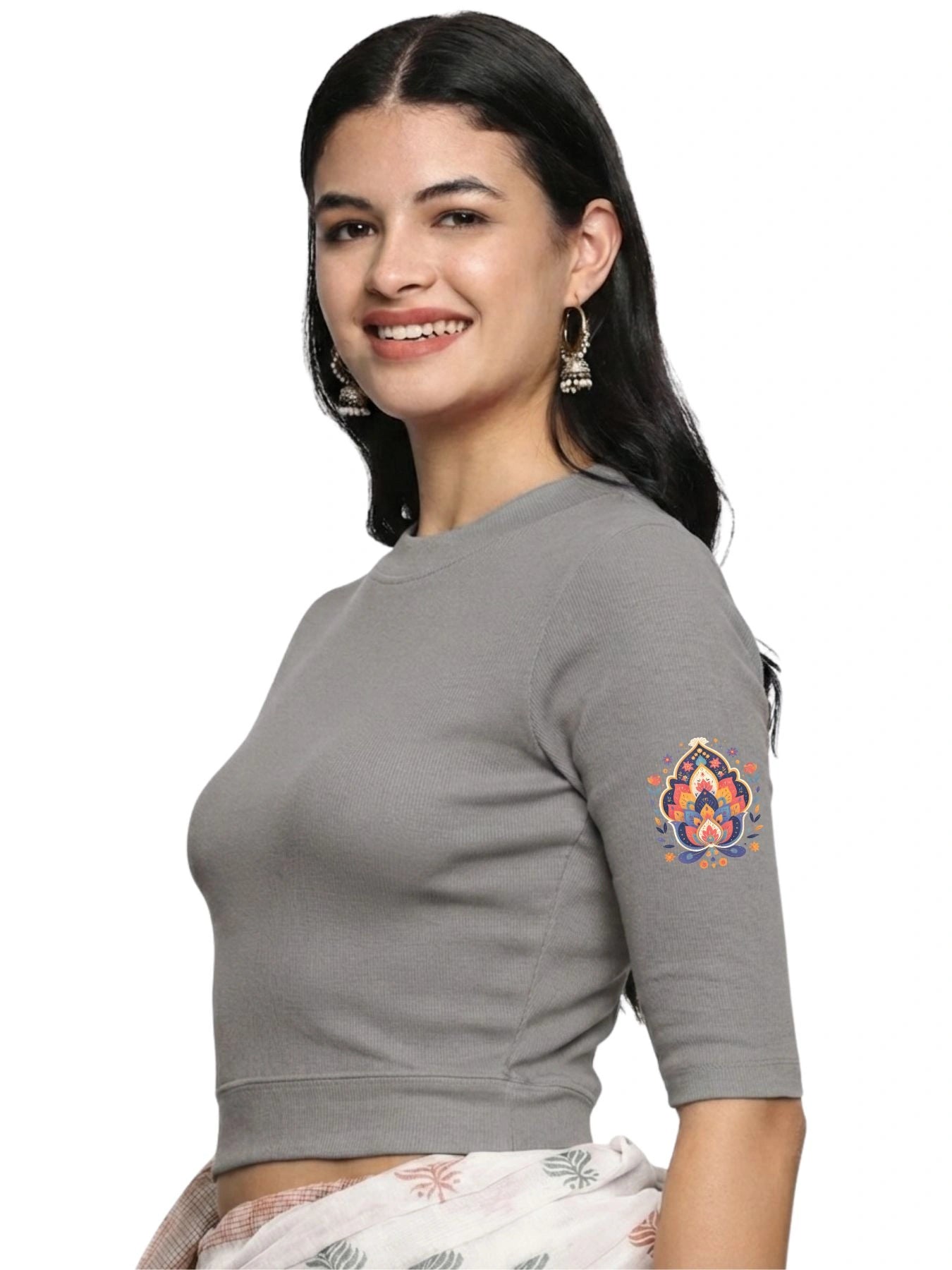 Women Back Printed Stretchable Elbow Sleeve RIB Blouse U0157 LT Steel Grey