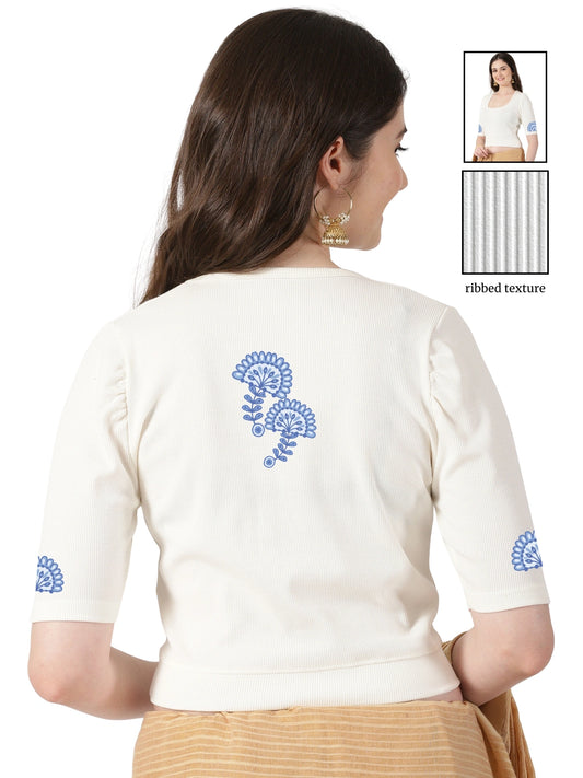 Women Stretchable Rib Square Neck Puff Sleeve Blouse Back Print U0246 Cream