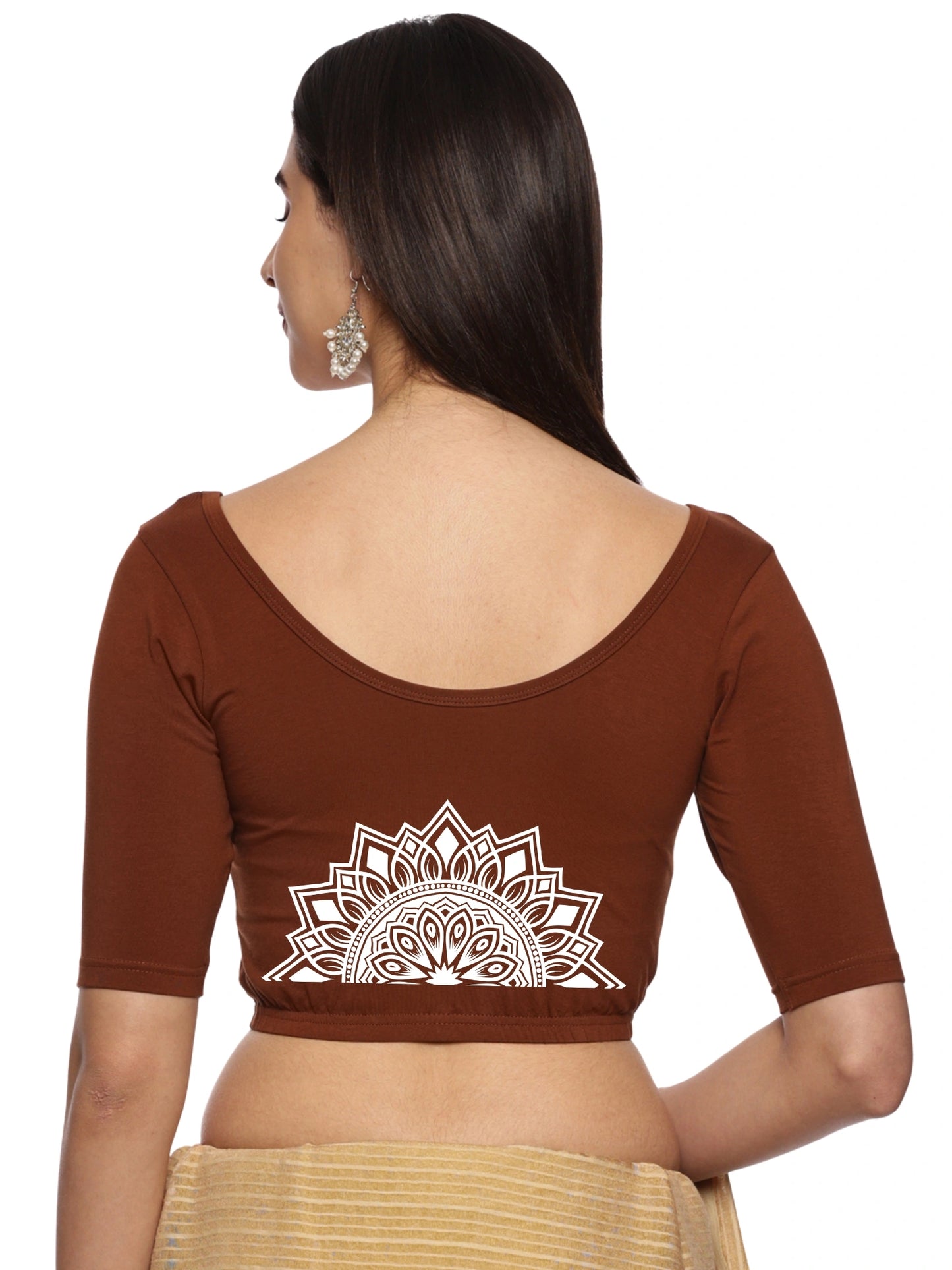 Women Back Printed Stretchable Half Sleeve Blouse U022 Honey Brown