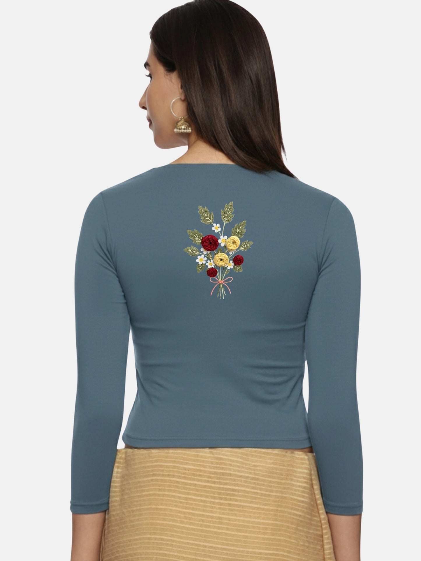 DIY Embroidery Kit with Women Stretchable Three Fourth Sleeve Blouse E010 – Elephant Grey