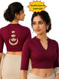 Women Mandarin Collar Back Gold Printed Stretchable Elbow Sleeve Blouse M0283 Maroon
