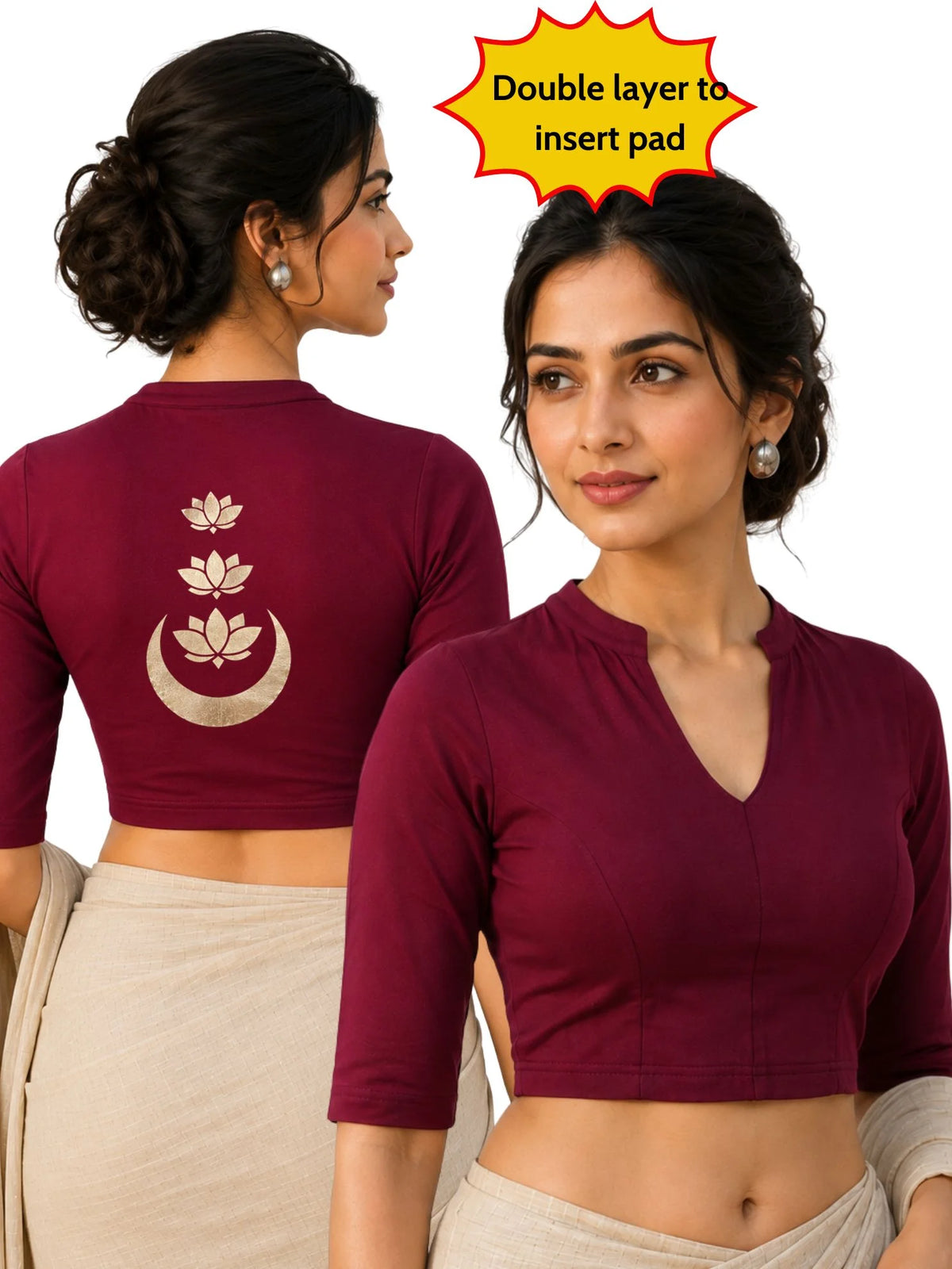 Women Mandarin Collar Back Gold Printed Stretchable Elbow Sleeve Blouse M0283 Maroon