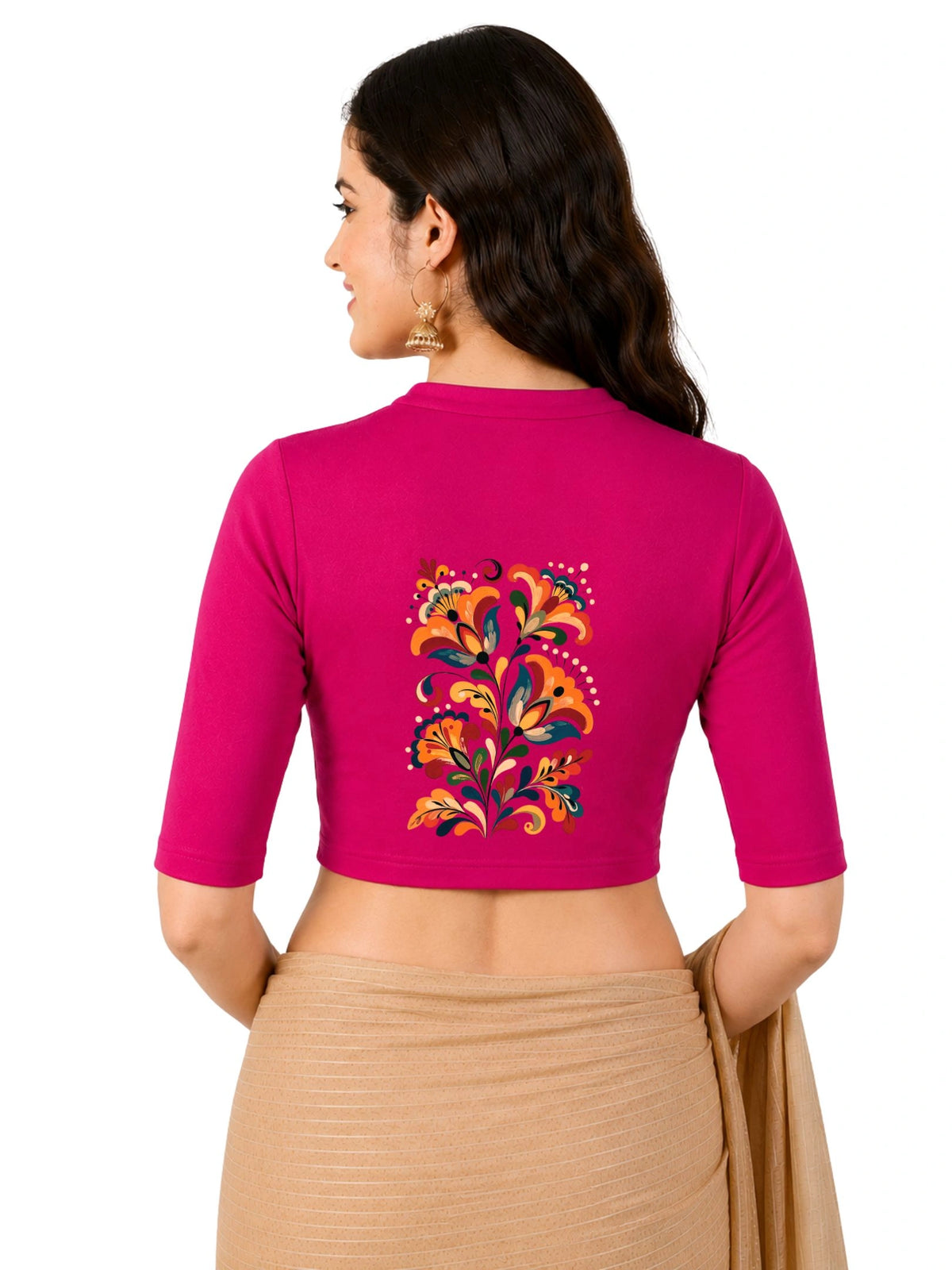 Women Mandarin Collar Back Printed Stretchable Elbow Sleeve Blouse U0270 Rani Pink