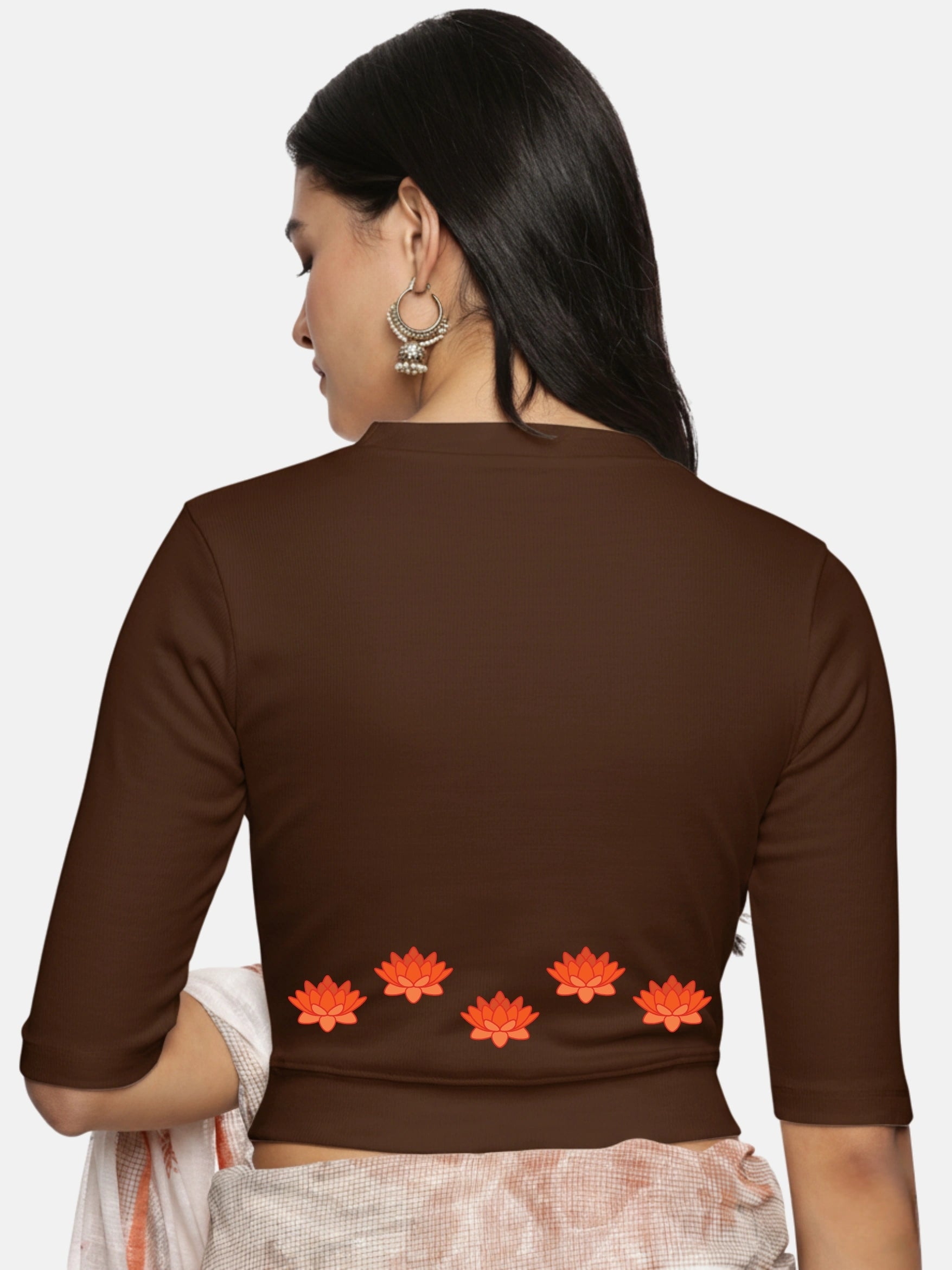 Women Back Printed Stretchable Elbow Sleeve RIB Blouse U0147 - notyetbyus