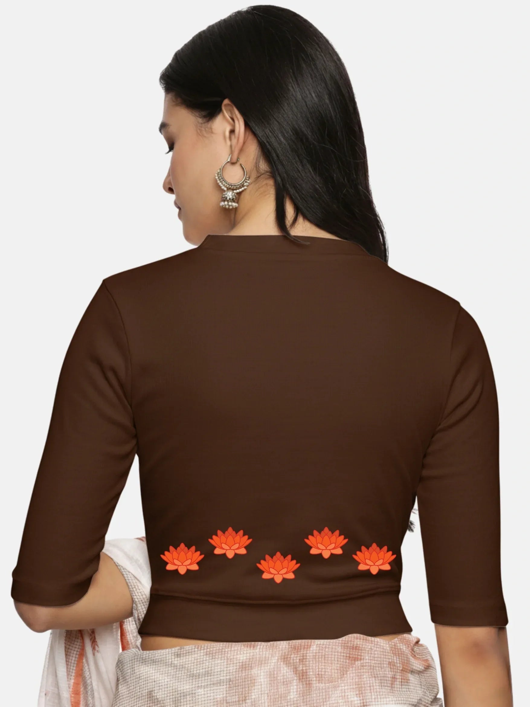 Women Back Printed Stretchable Elbow Sleeve RIB Blouse U0147 - notyetbyus
