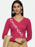 Women Back Printed Stretchable Full Sleeve V Neck RIB Blouse U0219 Rani Pink