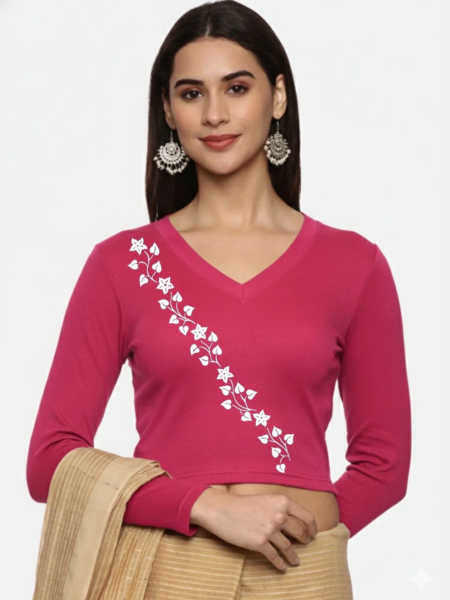 Women Back Printed Stretchable Full Sleeve V Neck RIB Blouse U0219 - notyetbyus