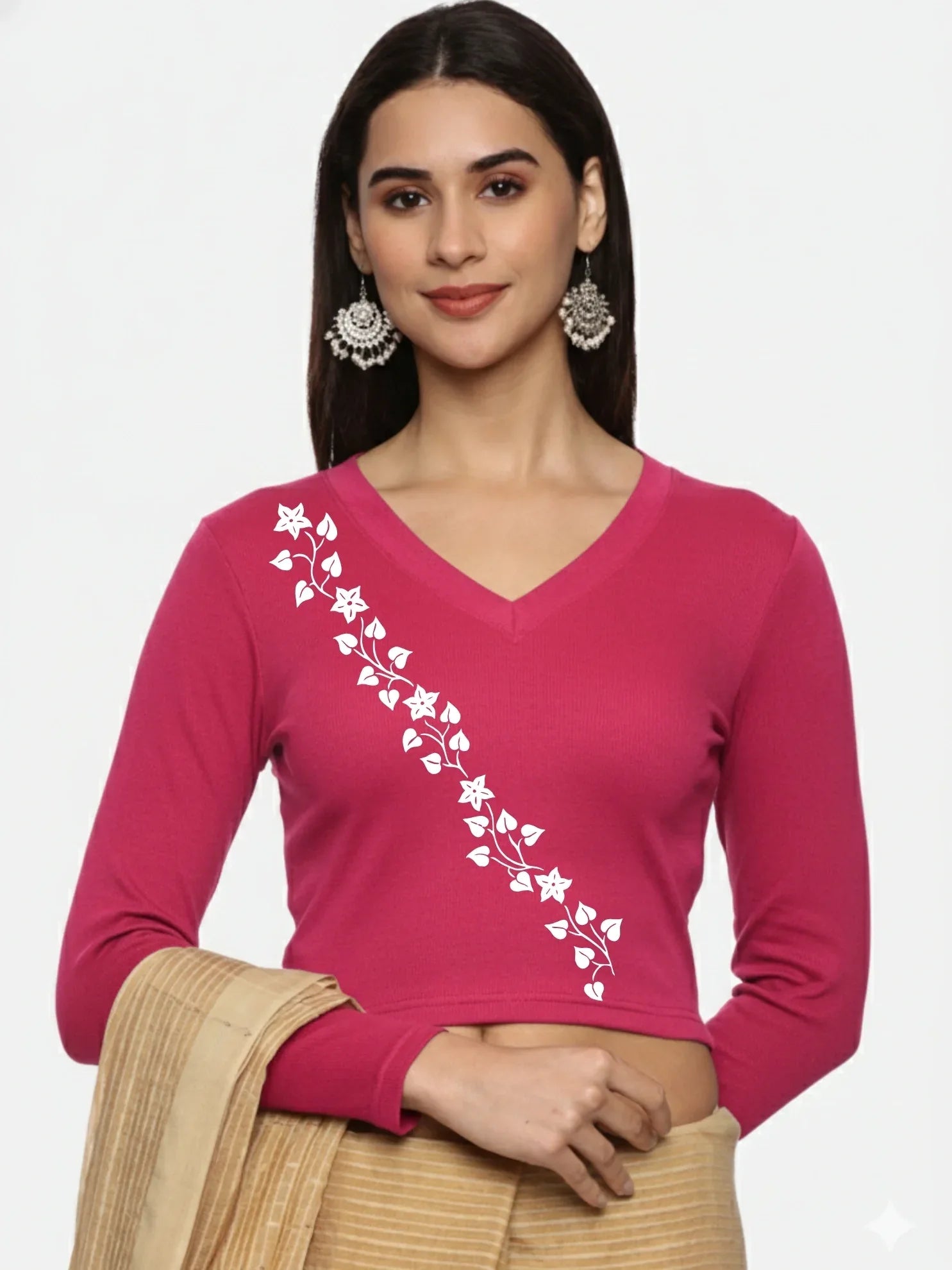 Women Back Printed Stretchable Full Sleeve V Neck RIB Blouse U0219 - notyetbyus