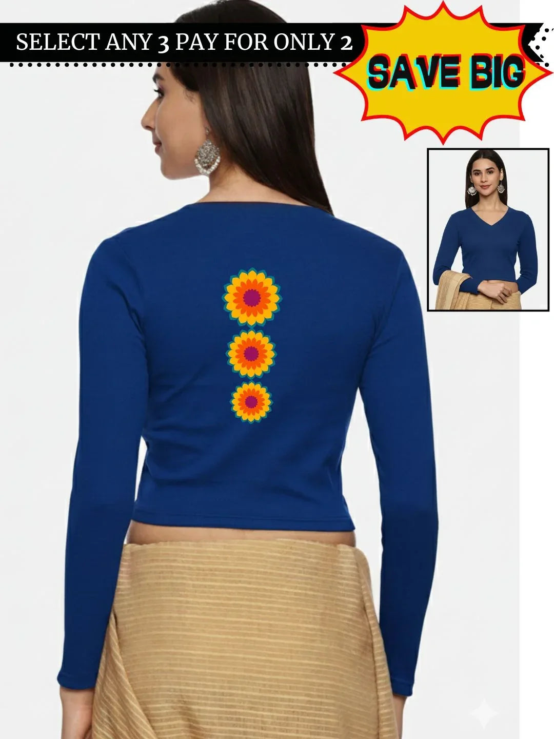 Women Back Printed Stretchable Full Sleeve V Neck RIB Blouse U0213 - notyetbyus