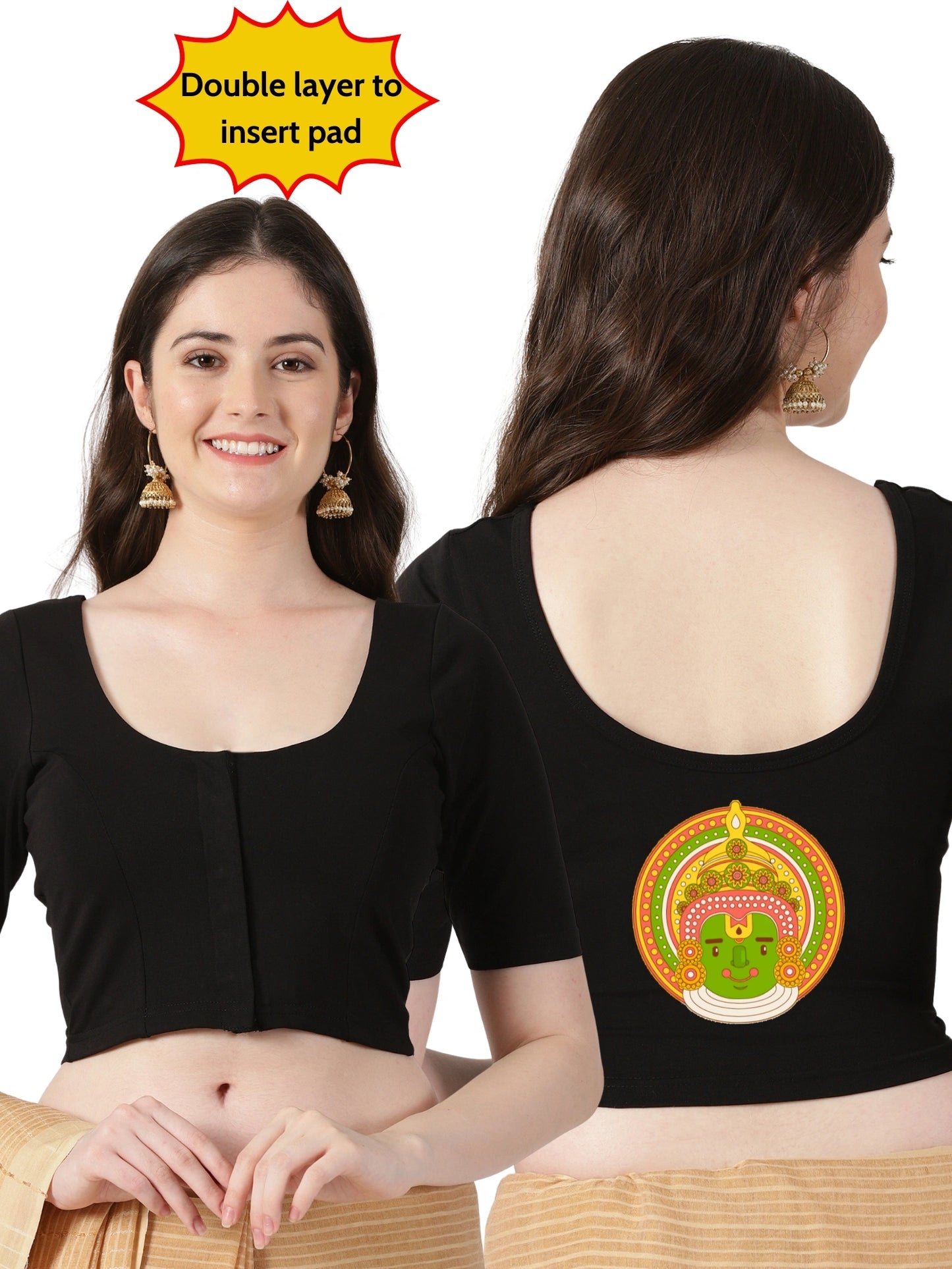 Women Front Open Back Printed Stretchable Half Sleeve Blouse U0263 Black