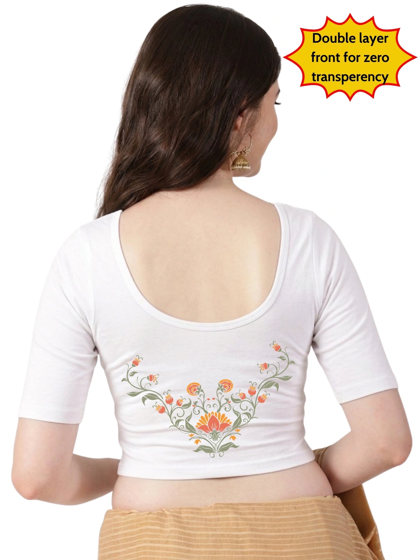 Women Front Open Back Printed Stretchable Half Sleeve Blouse U0264 White