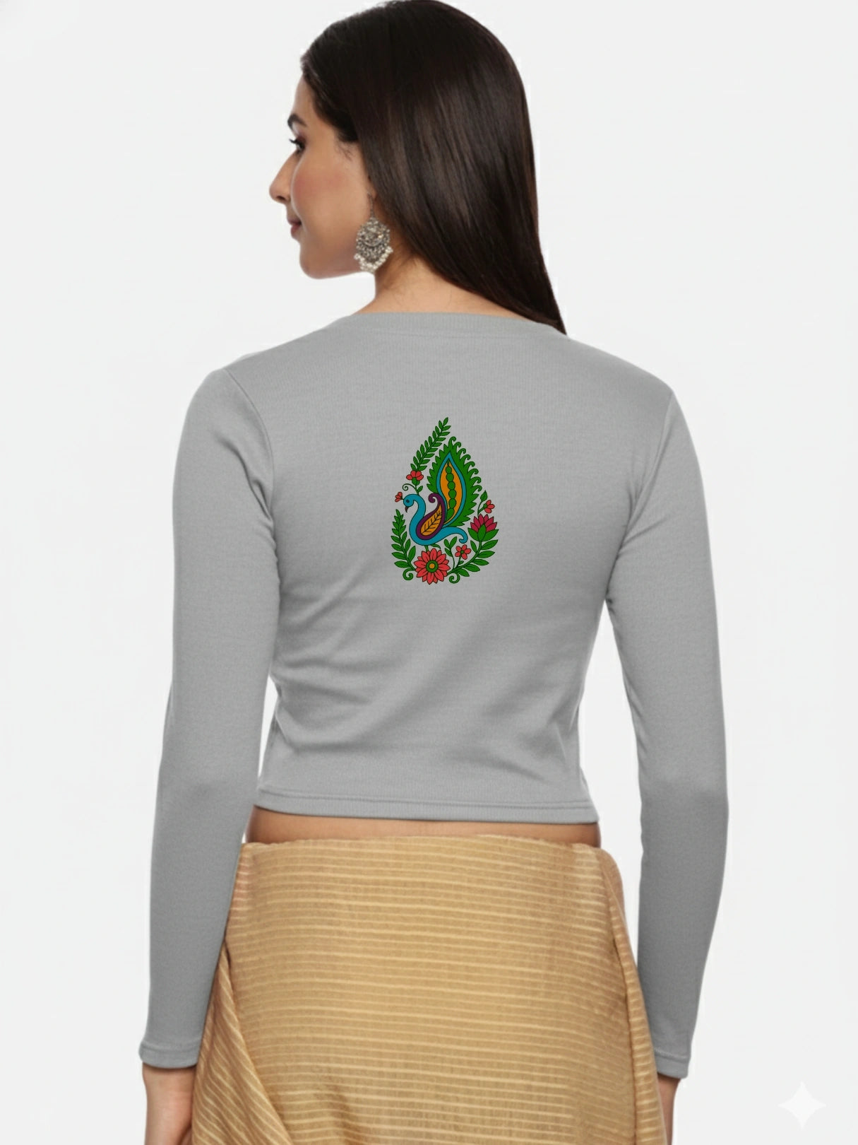 Women Back Printed Stretchable Full Sleeve V Neck RIB Blouse U0187