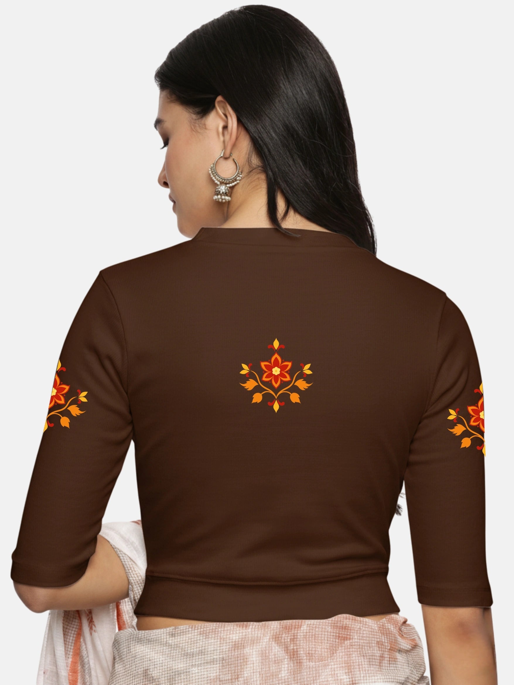 Women Back Printed Stretchable Elbow Sleeve RIB Blouse U0158 - notyetbyus