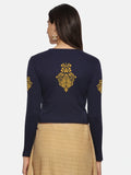 Women Back Printed Stretchable Full Sleeve V Neck RIB Blouse U0189 Navy