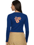 Women Back Printed Stretchable Full Sleeve V Neck RIB Blouse U0214 Royal Blue