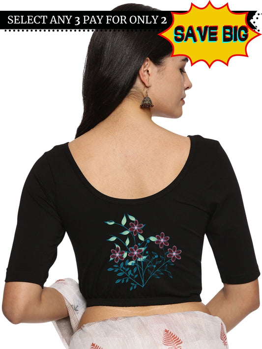 Women Back Printed Stretchable  Half Sleeve Blouse U0225 Black