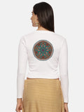 Women Back Printed Stretchable Full Sleeve V Neck RIB Blouse U0188 White