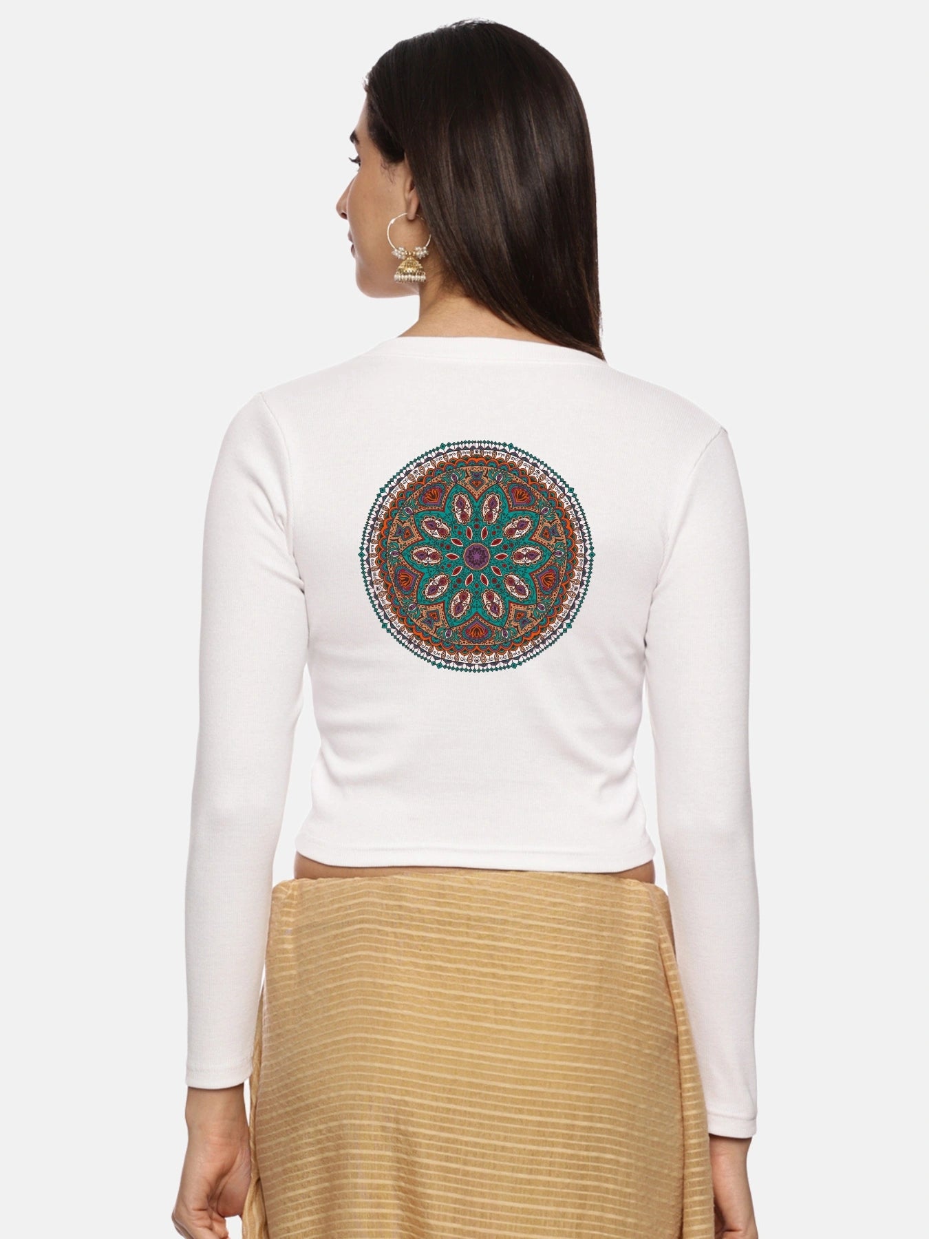 Women Back Printed Stretchable Full Sleeve V Neck RIB Blouse U0188