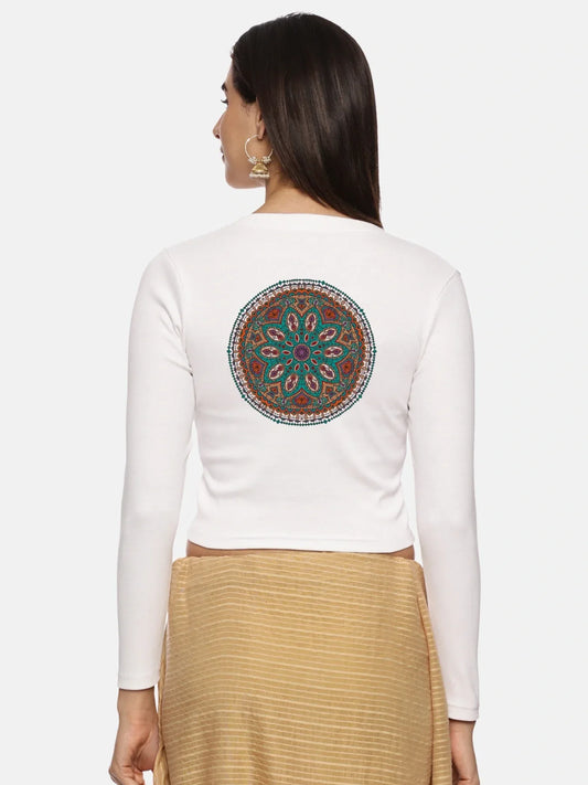 Women Back Printed Stretchable Full Sleeve V Neck RIB Blouse U0188 - notyetbyus