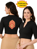 Women Mandarin Collar Back Gold Printed Stretchable Elbow Sleeve Blouse M0277 Black