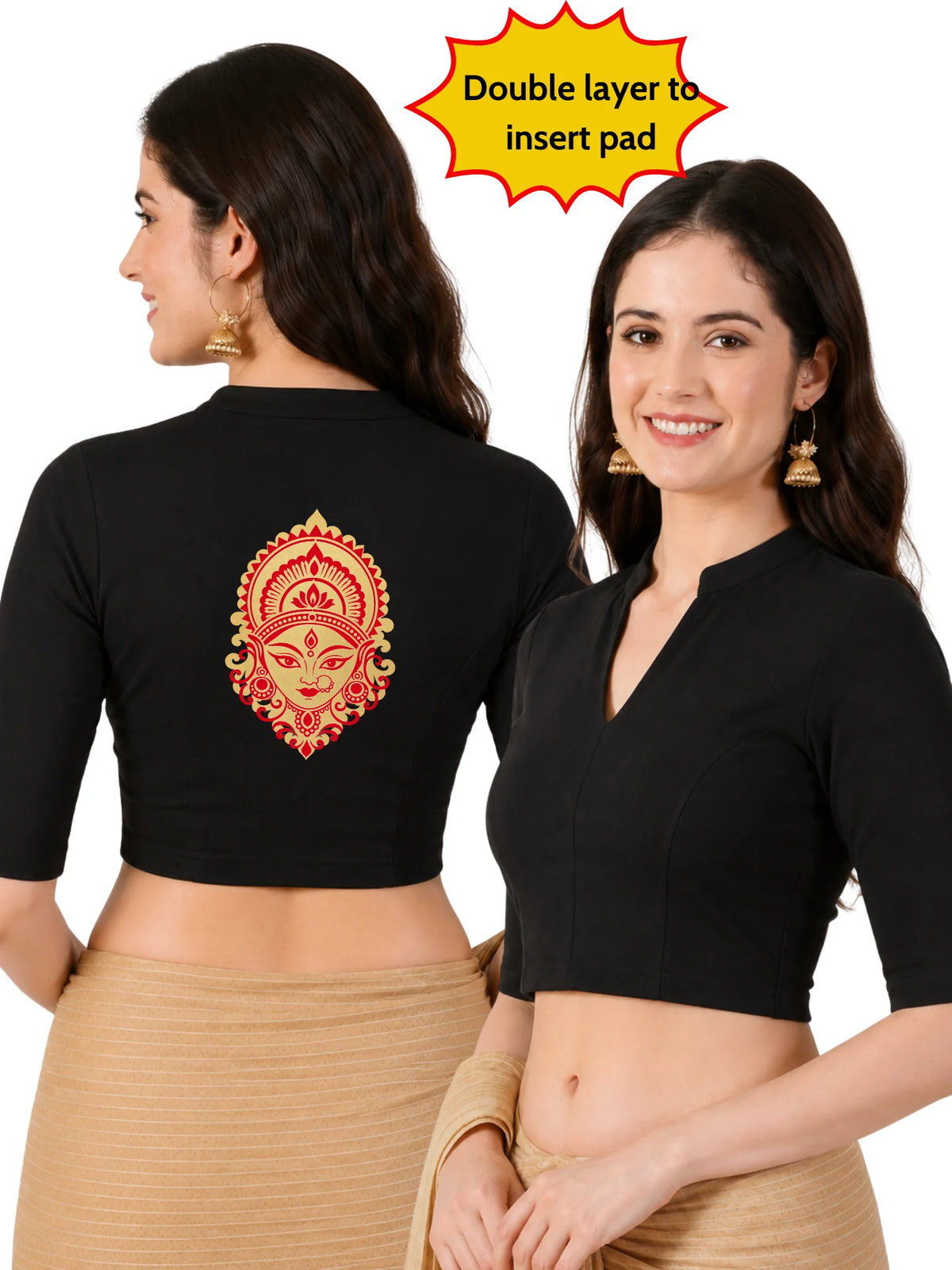 Women Mandarin Collar Back Gold Printed Stretchable Elbow Sleeve Blouse M0277 Black