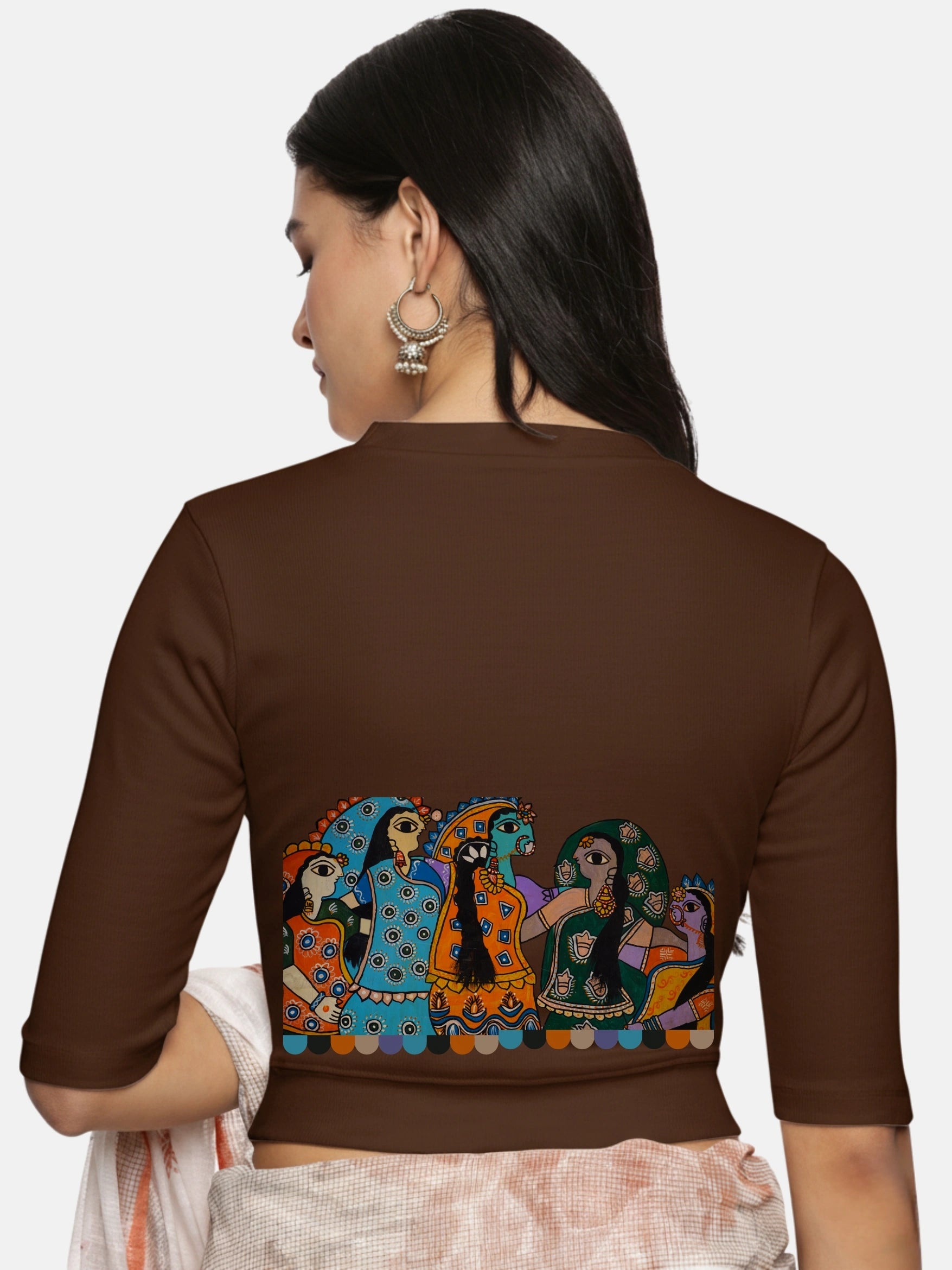 Women Back Printed Stretchable Elbow Sleeve RIB Blouse U0160 - notyetbyus