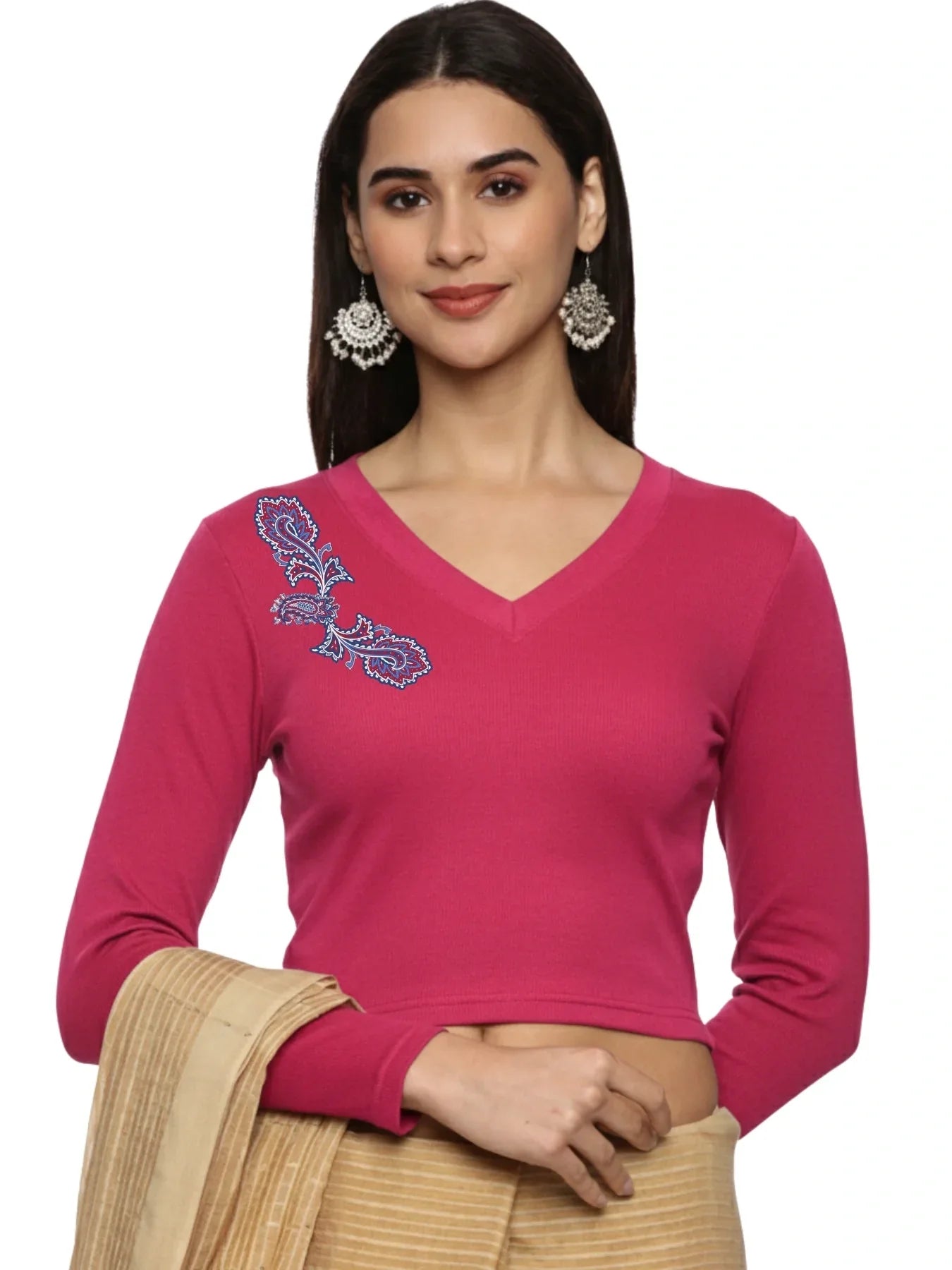 Women Back Printed Stretchable Full Sleeve V Neck RIB Blouse U0217 - notyetbyus