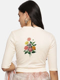 Women Back Printed Stretchable Elbow Sleeve RIB Blouse U0171 Cream