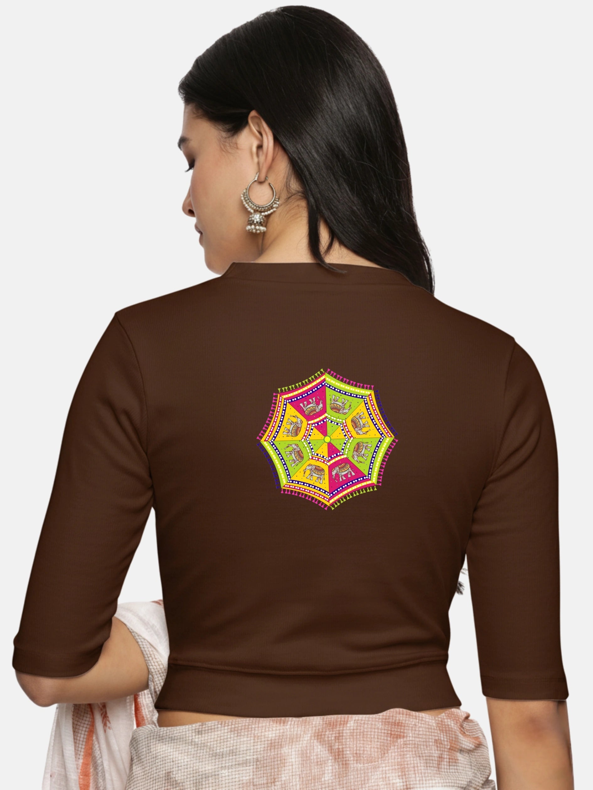 Women Back Printed Stretchable Elbow Sleeve RIB Blouse U0159 - notyetbyus