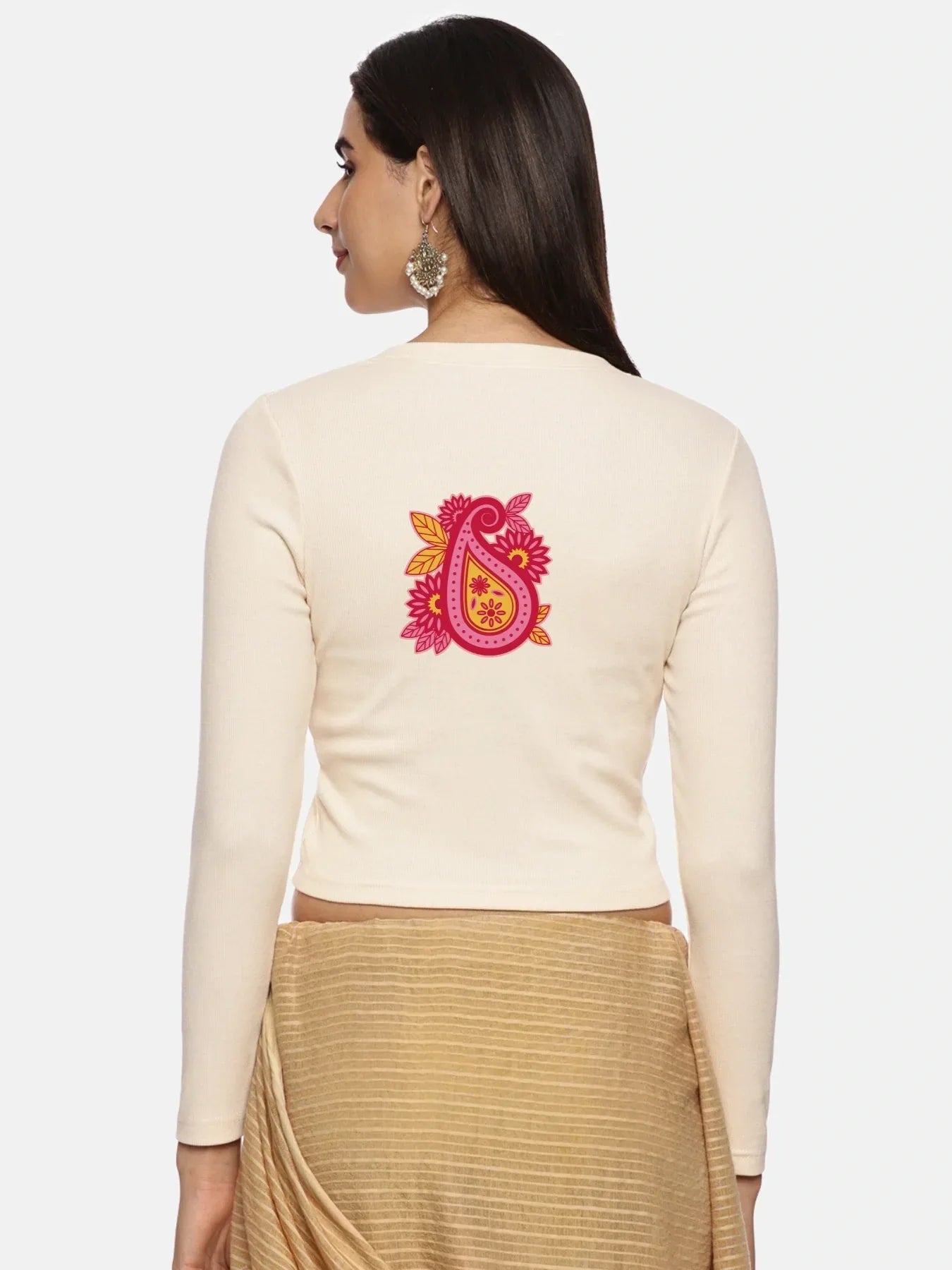 Women Back Printed Stretchable Full Sleeve V Neck RIB Blouse U0218 - notyetbyus