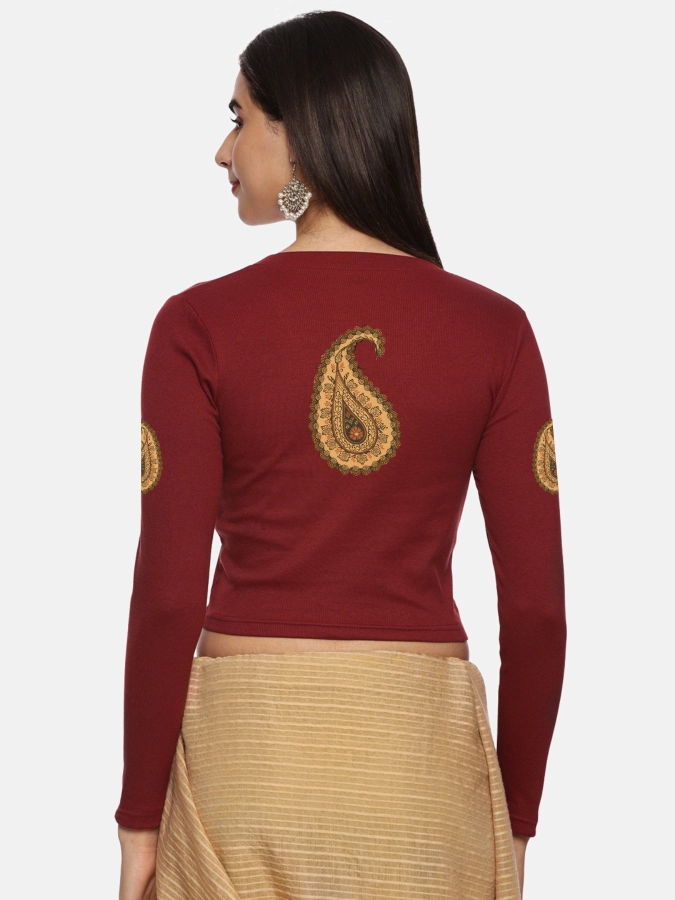 Women Back Printed Stretchable Full Sleeve V Neck RIB Blouse U0186