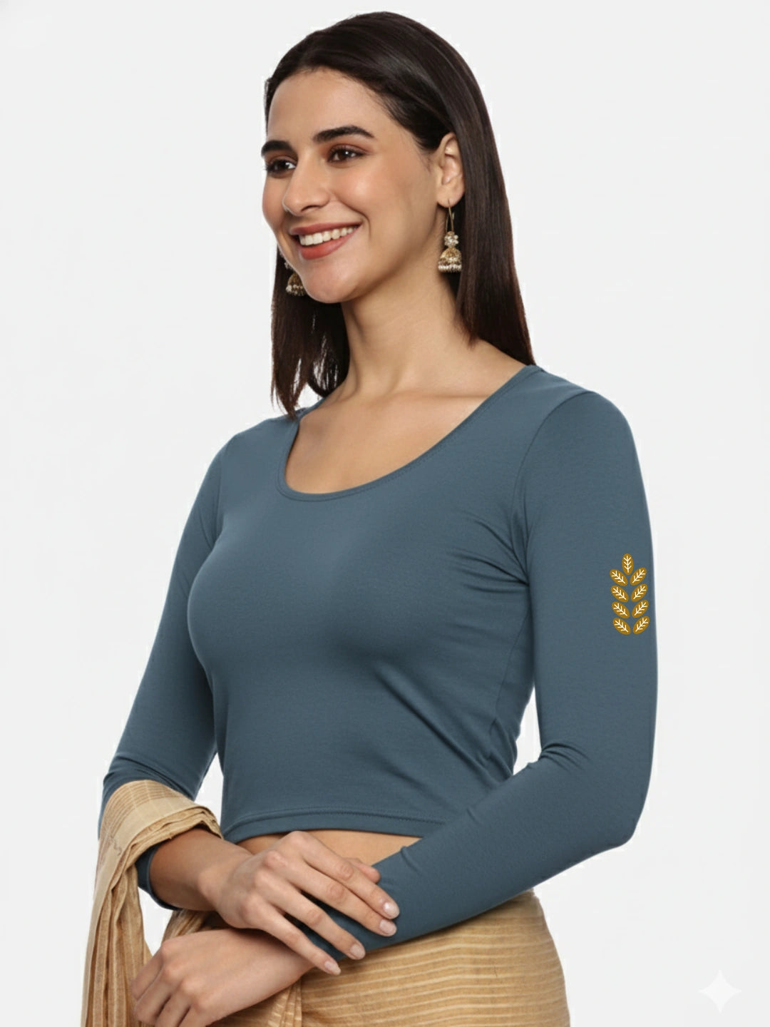 Women Three Fourth Sleeve Back Print Stretchable Blouse U0180 Elephant Grey