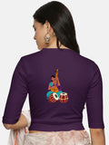 Women Back Printed Stretchable Elbow Sleeve RIB Blouse U0172 Violet