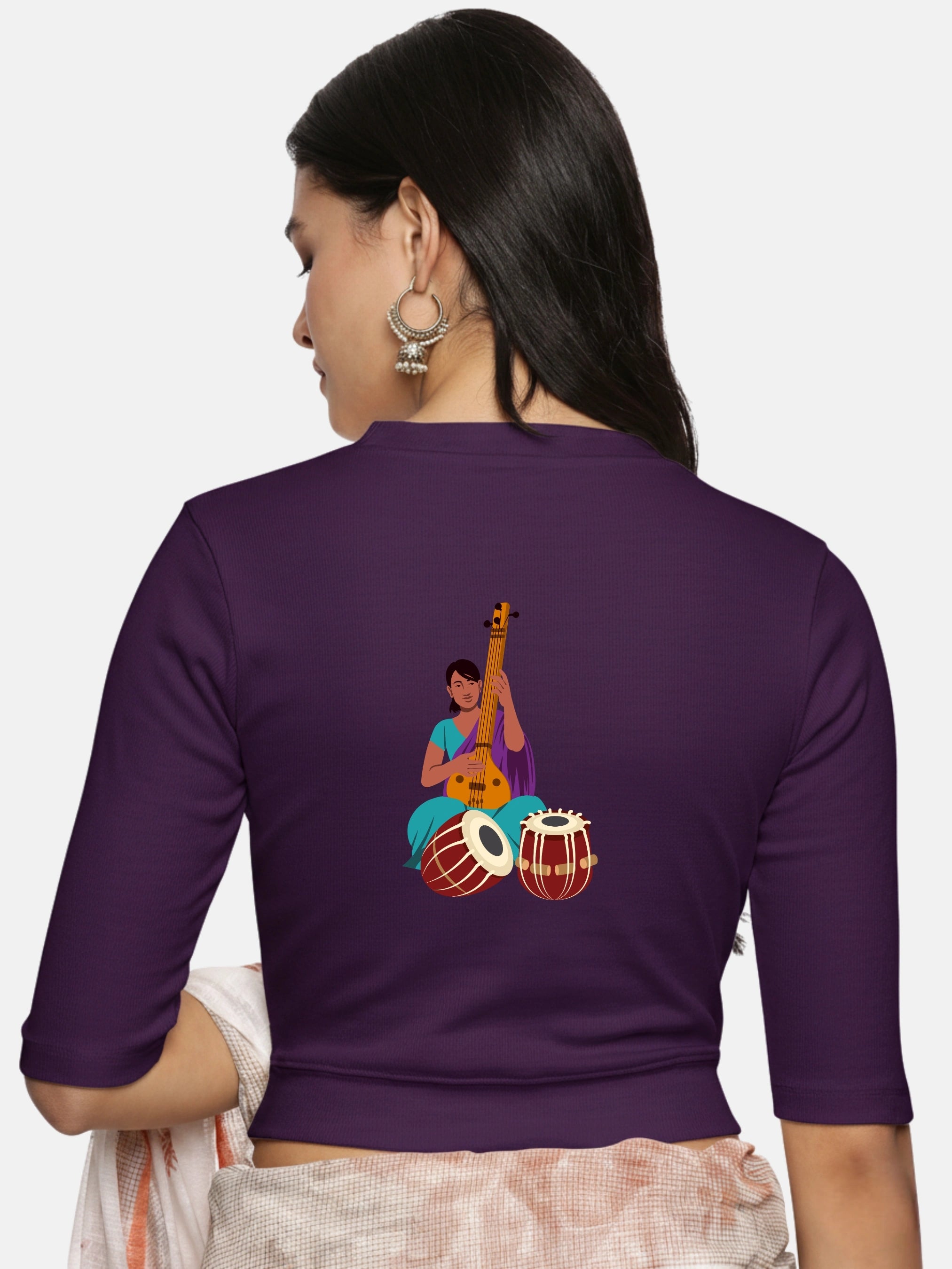 Women Back Printed Stretchable Elbow Sleeve RIB Blouse U0172 - notyetbyus