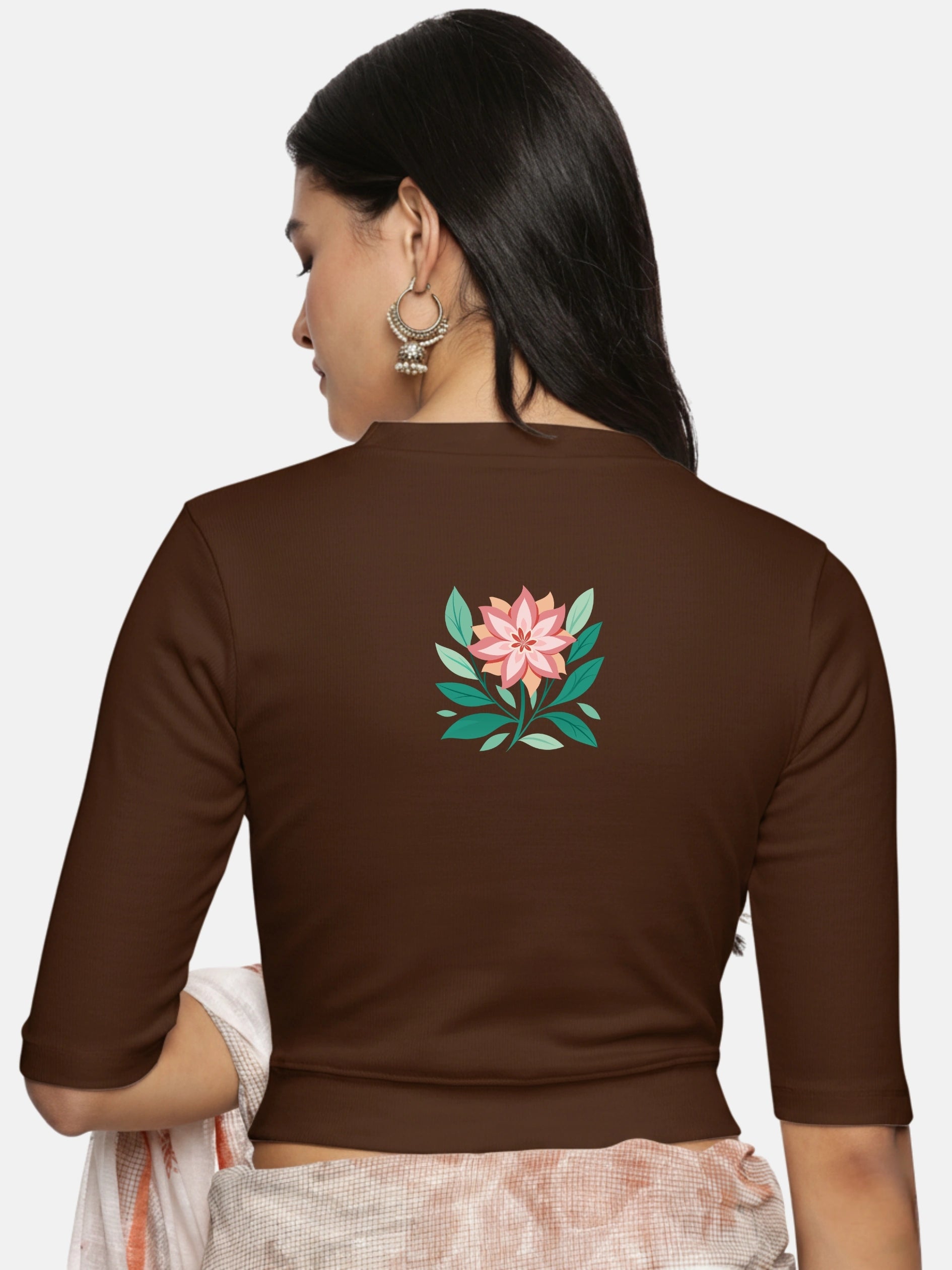 Women Back Printed Stretchable Elbow Sleeve RIB Blouse U0155 - notyetbyus