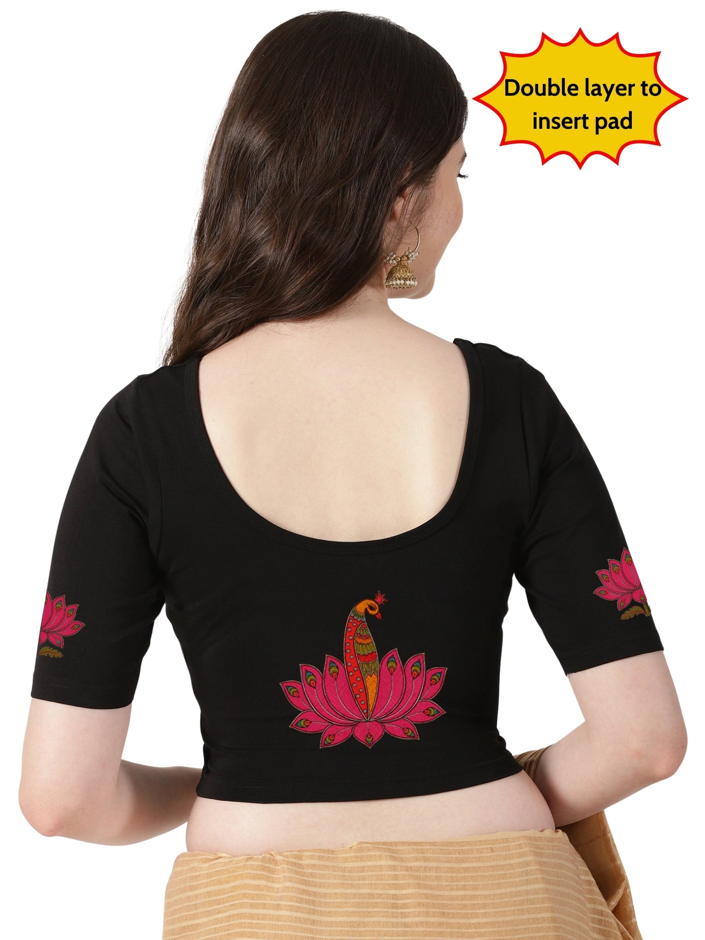 Women Front Open Back Printed Stretchable Half Sleeve Blouse U0259 Black