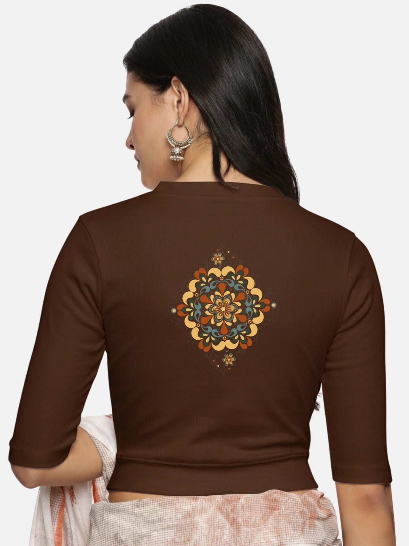 Women Back Printed Stretchable Elbow Sleeve RIB Blouse U0167 - notyetbyus