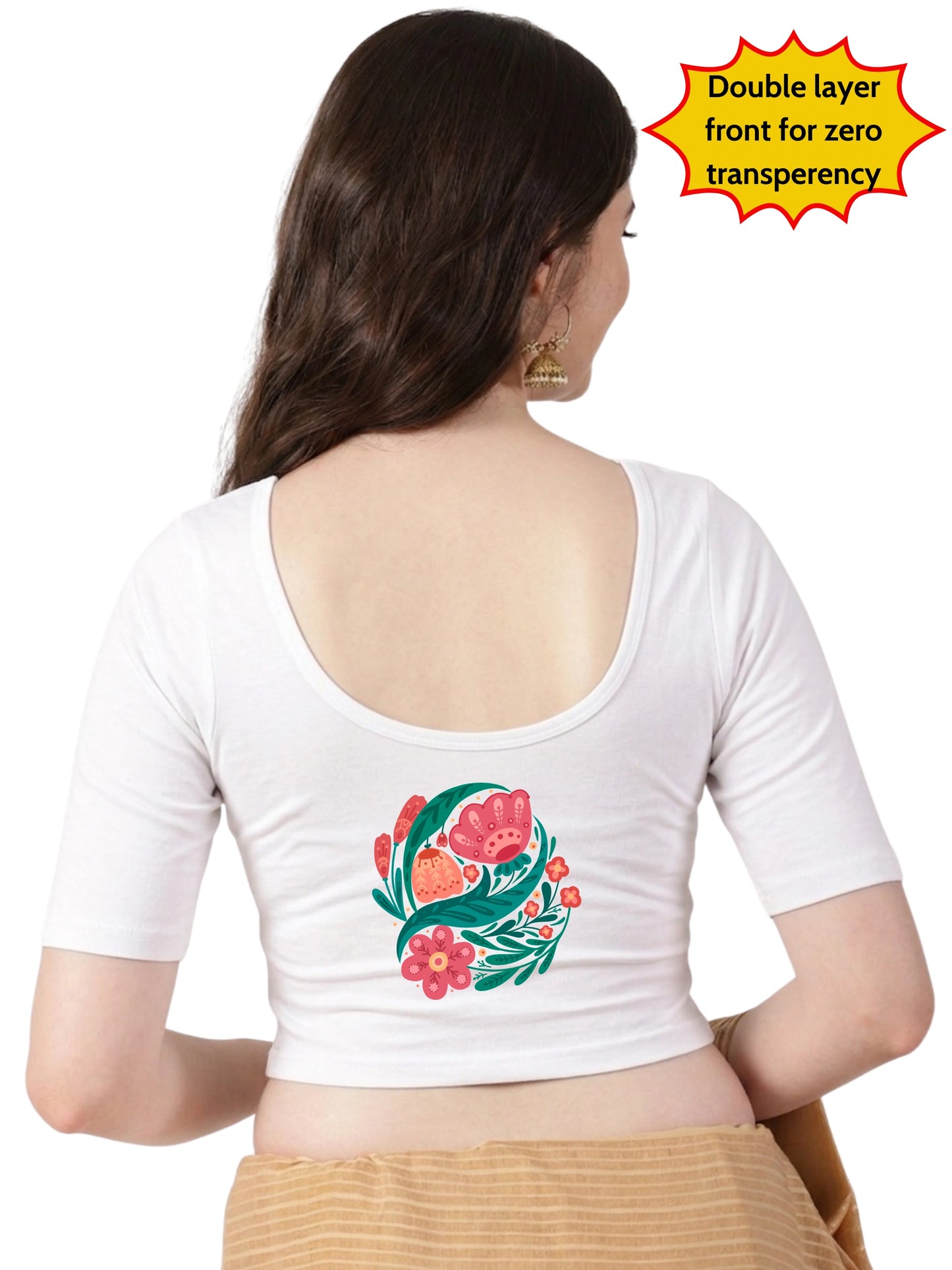 Women Front Open Back Printed Stretchable Half Sleeve Blouse U0265 White