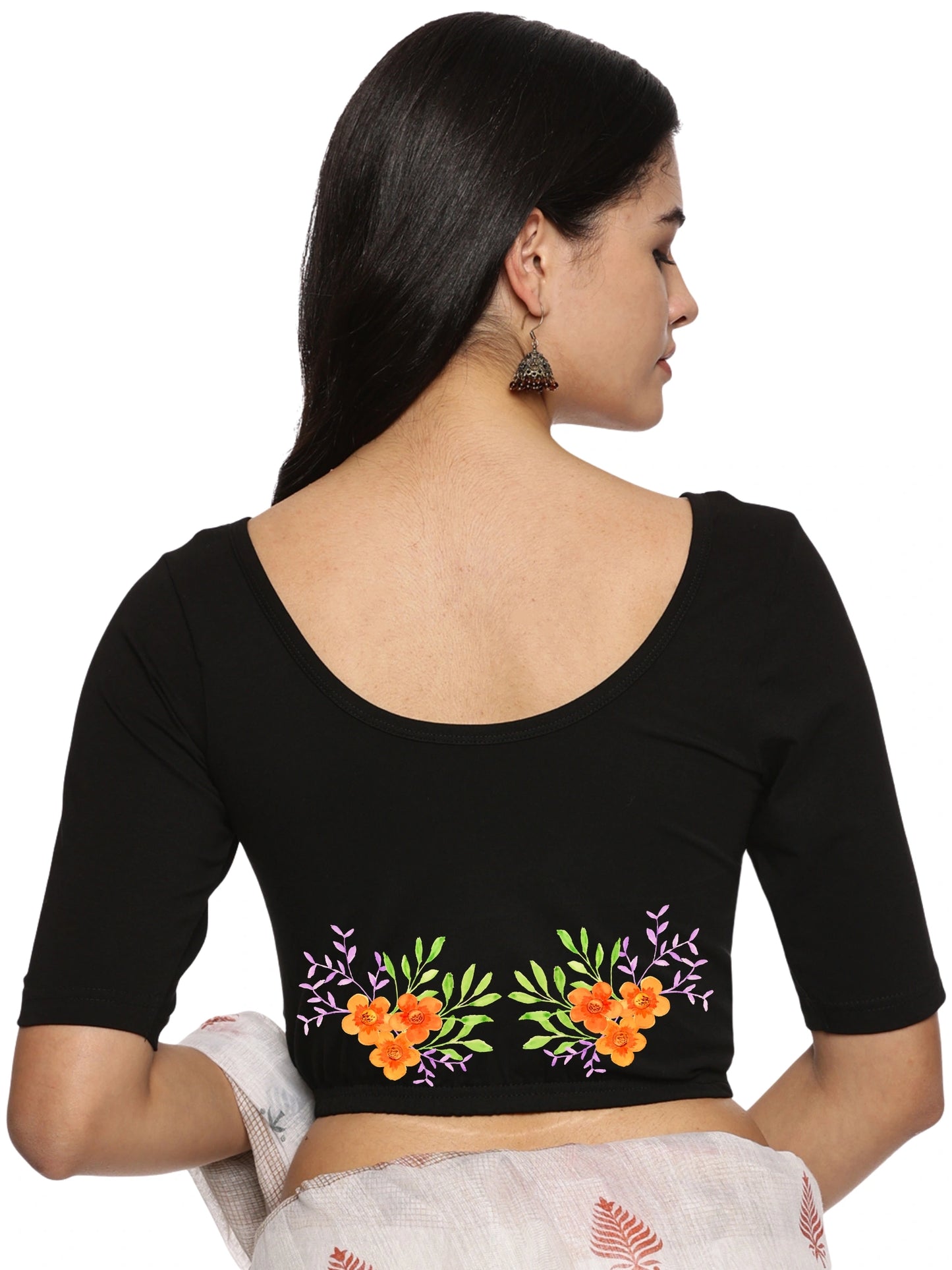 Women Back Printed Stretchable Half Sleeve Blouse U0227 Black