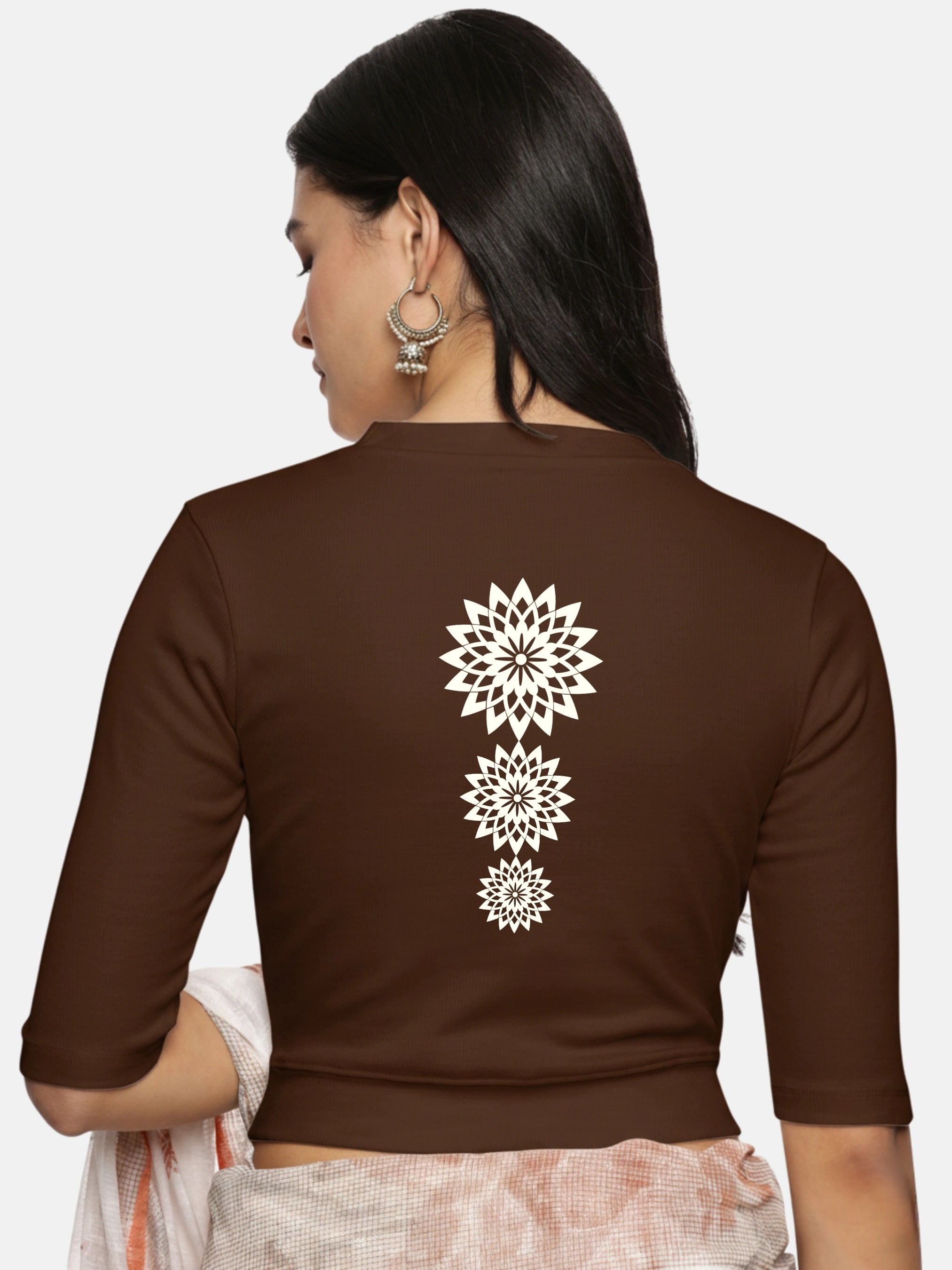 Women Back Printed Stretchable Elbow Sleeve RIB Blouse U0170 - notyetbyus