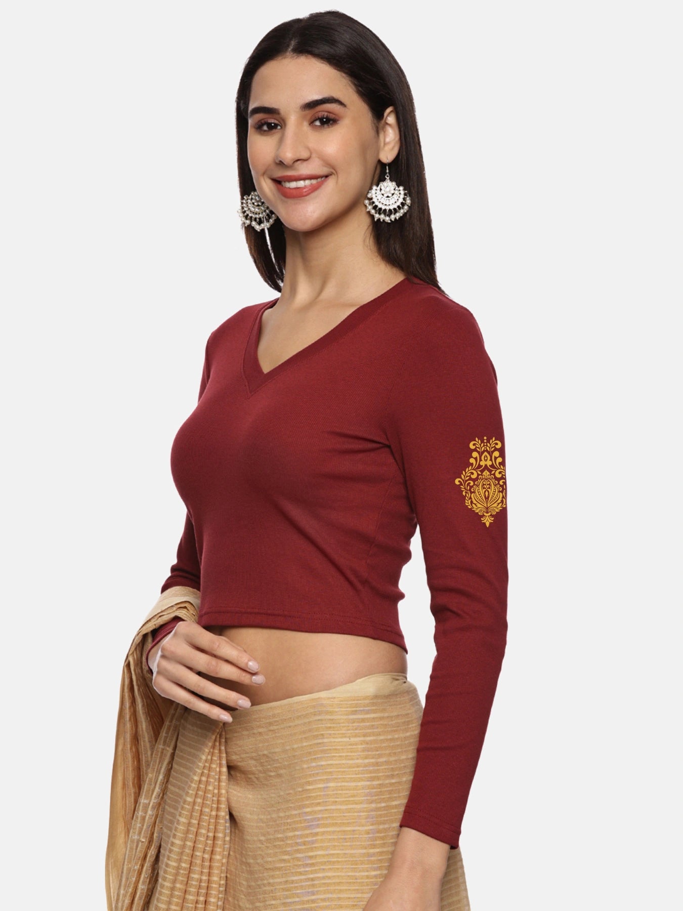Women Back Printed Stretchable Full Sleeve V Neck RIB Blouse U0189 Maroon