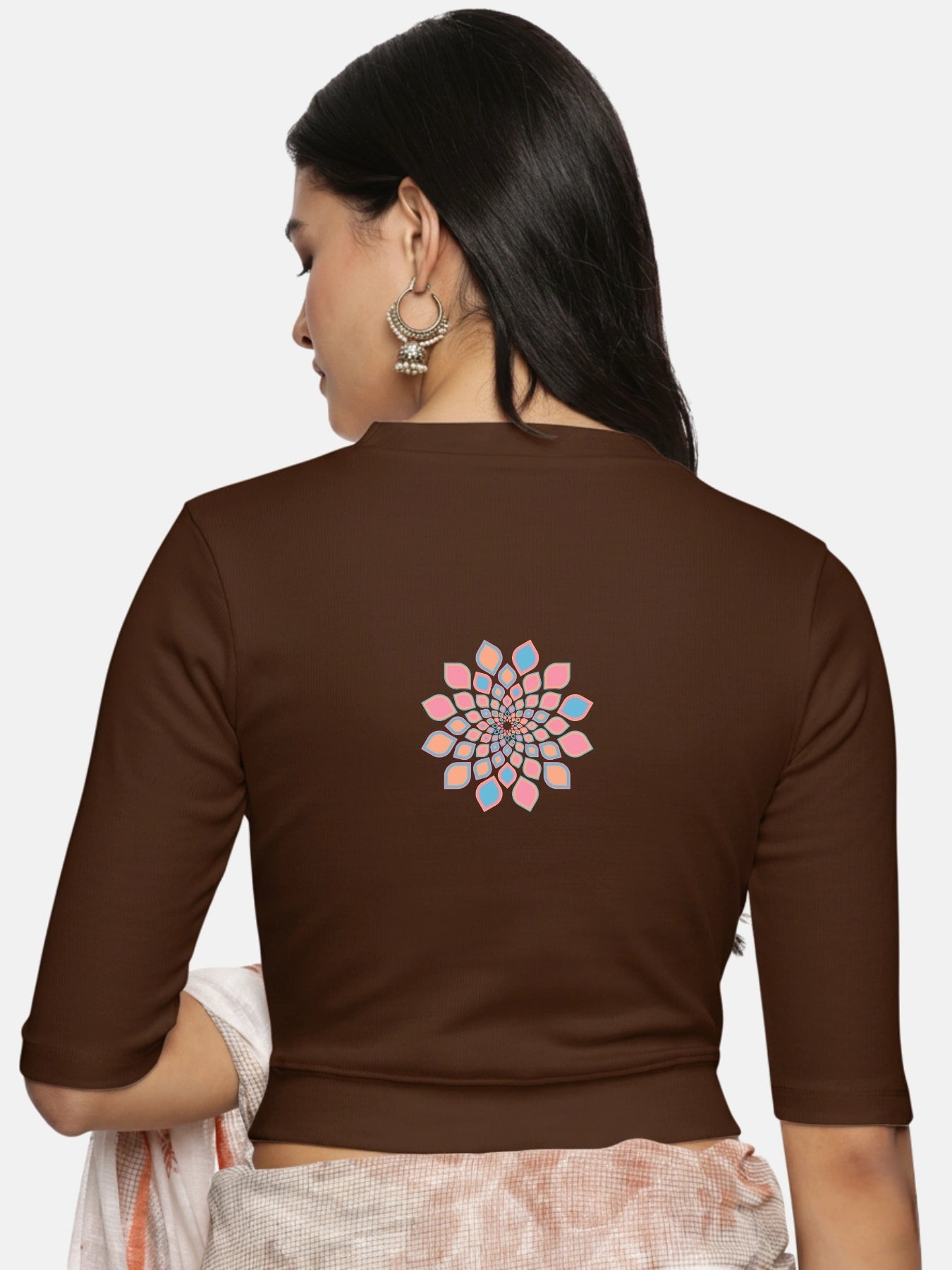 Women Back Printed Stretchable Elbow Sleeve RIB Blouse U0168 - notyetbyus