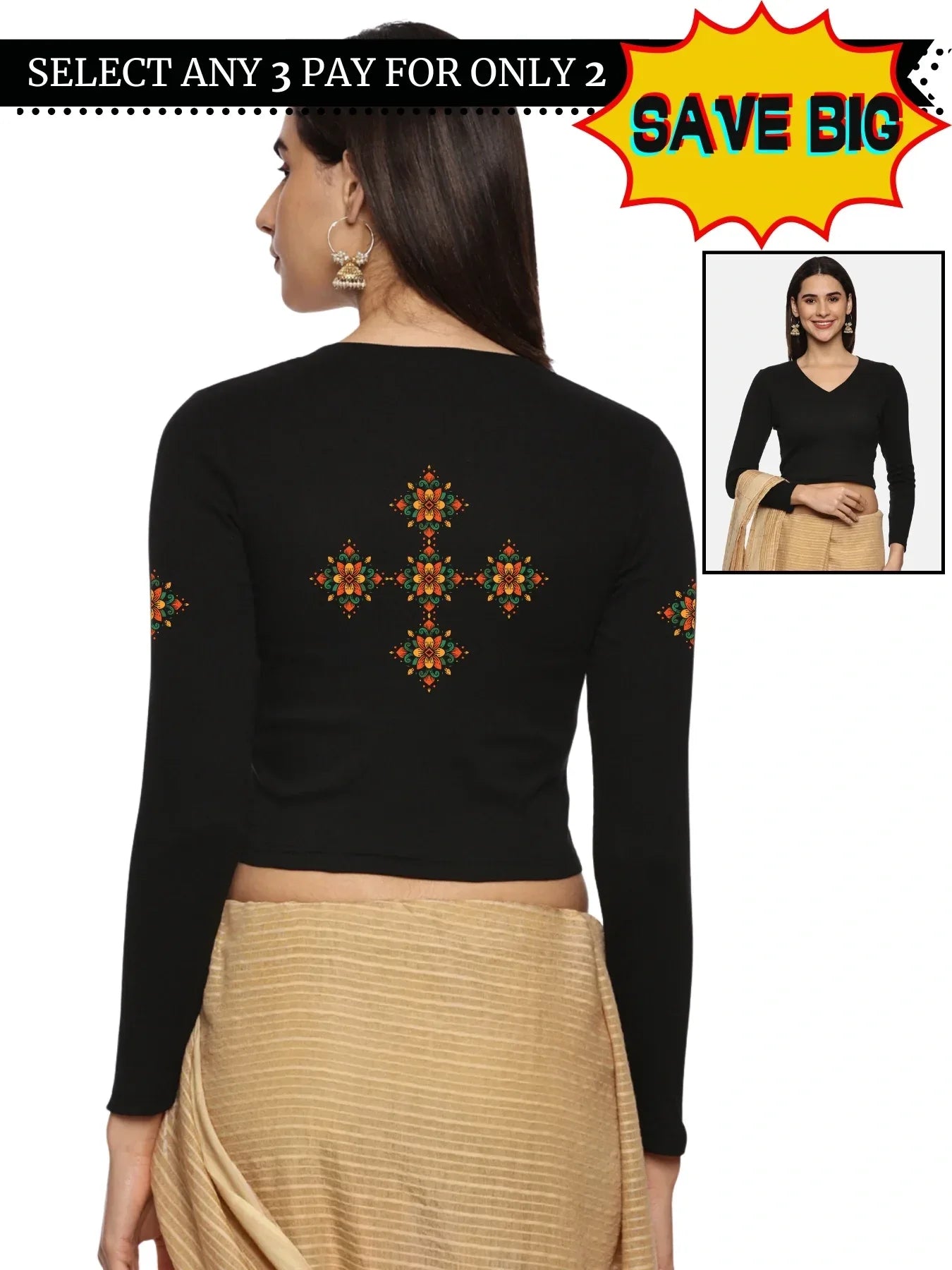 Women Back Printed Stretchable Full Sleeve V Neck RIB Blouse U0215 - notyetbyus