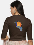 Women Back Printed Stretchable Elbow Sleeve RIB Blouse U0146 Coffee Brown