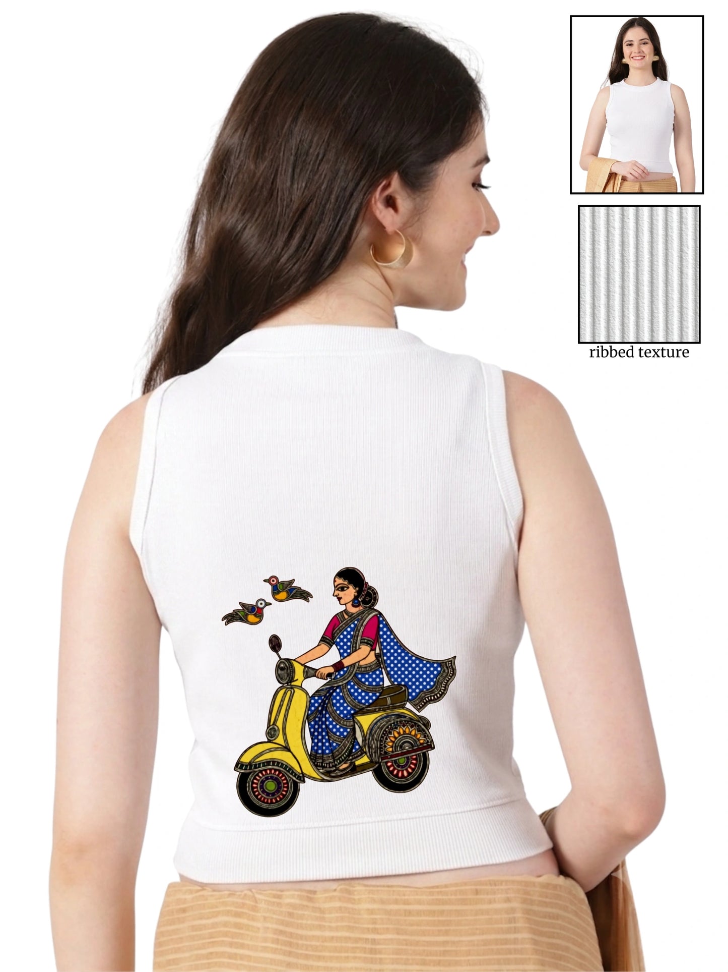 Women Back Printed Stretchable Sleeveless Close Neck RIB Blouse U0255 White