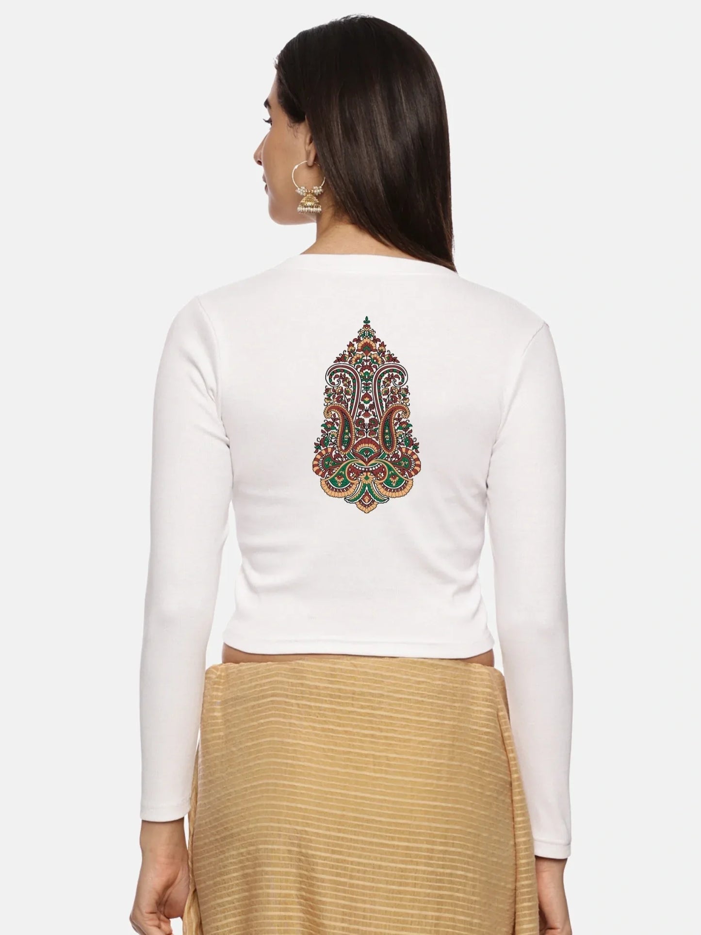 Women Back Printed Stretchable Full Sleeve V Neck RIB Blouse U0190 - notyetbyus