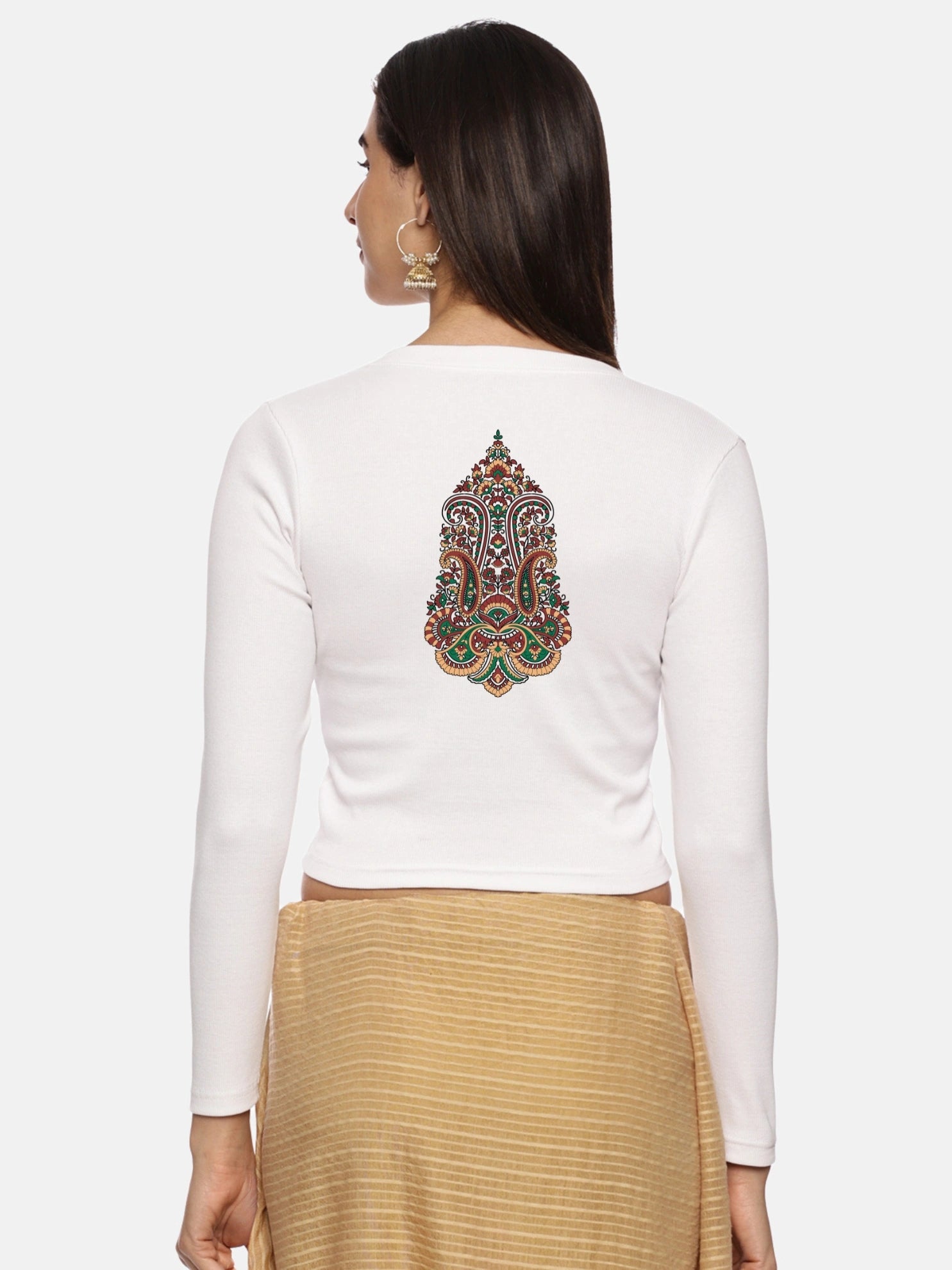 Women Back Printed Stretchable Full Sleeve V Neck RIB Blouse U0190