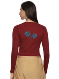 Women Back Printed Stretchable Full Sleeve V Neck RIB Blouse U0216 Maroon